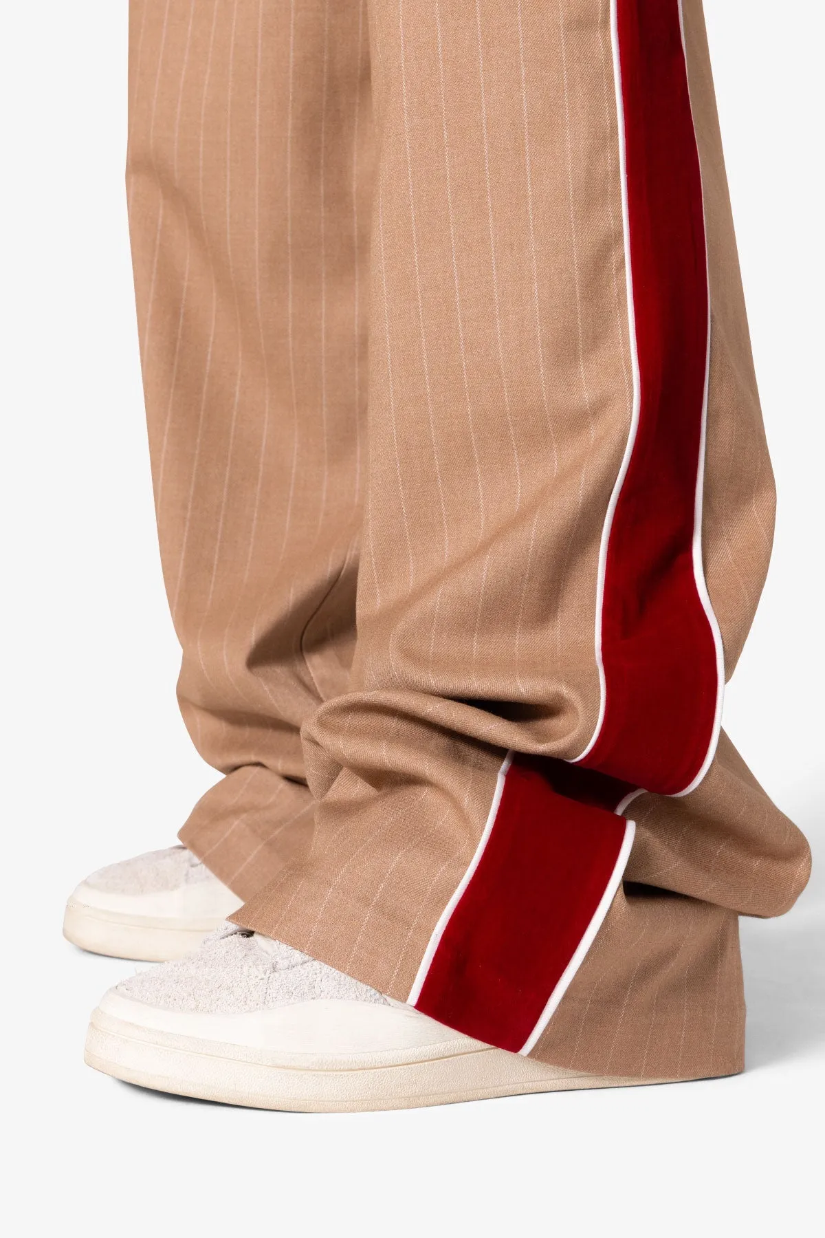 Pinstripe Velvet Trim Trouser Pants - Tan