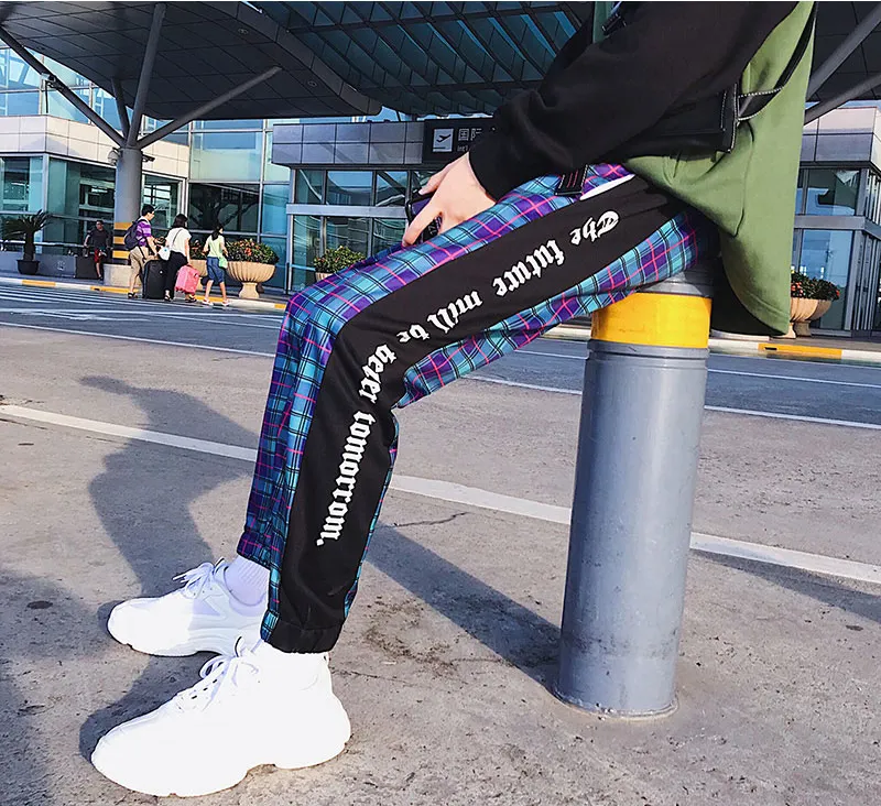 Plaid Cotton with Side Stripe Streetwear Jogger Hip Hop Style Men Pants