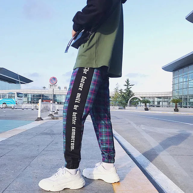 Plaid Cotton with Side Stripe Streetwear Jogger Hip Hop Style Men Pants