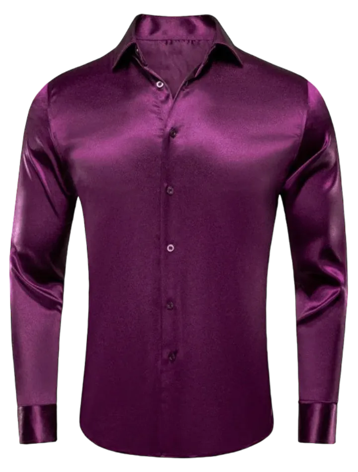 Plum Purple Men’s solid Shiny Shirt Long Sleeves Slim Fit Satin Material