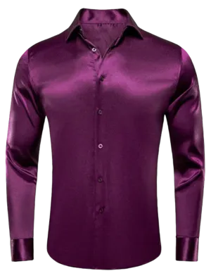 Plum Purple Men’s solid Shiny Shirt Long Sleeves Slim Fit Satin Material