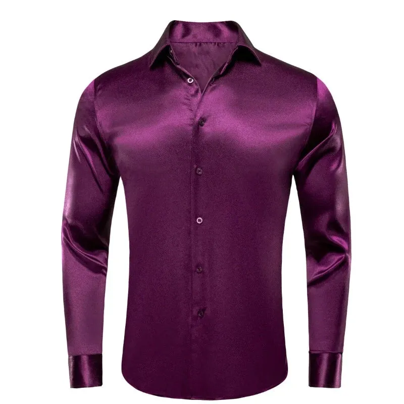 Plum Purple Men’s solid Shiny Shirt Long Sleeves Slim Fit Satin Material