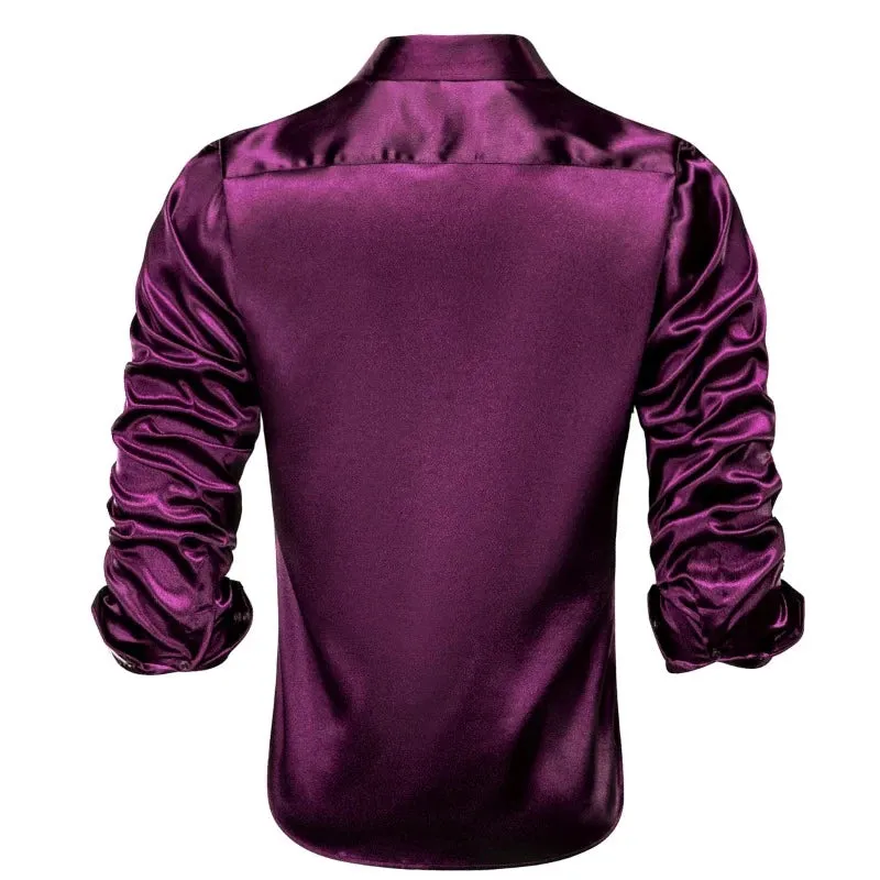 Plum Purple Men’s solid Shiny Shirt Long Sleeves Slim Fit Satin Material