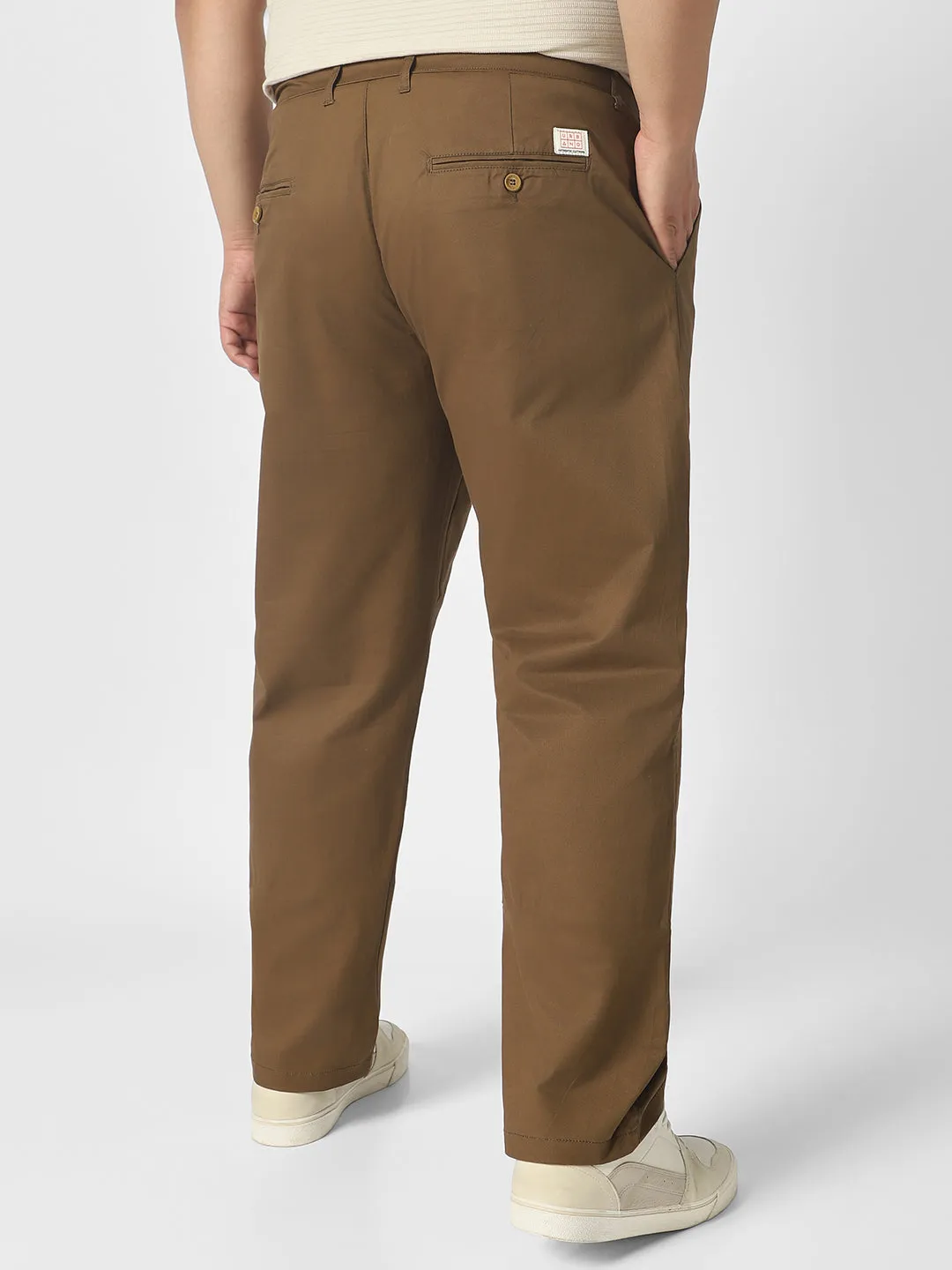 Plus Men's Brown Cotton Regular Fit Casual Chinos Trousers Stretch