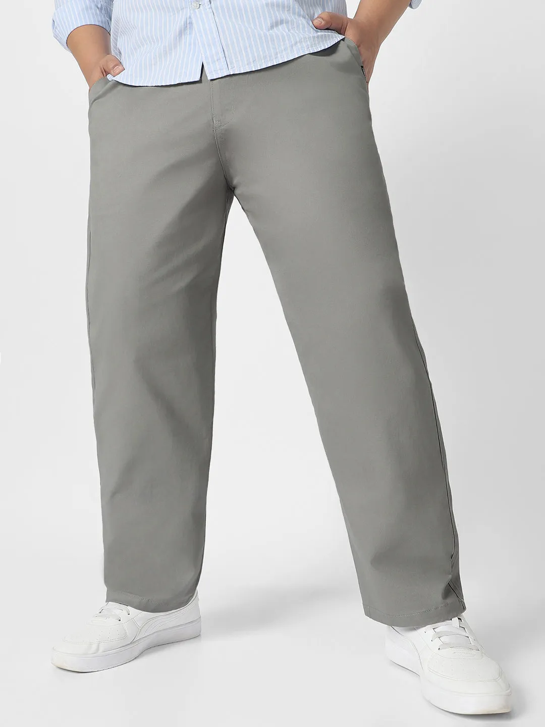 Plus Men's Light Blue Cotton Regular Fit Casual Chinos Trousers Stretch