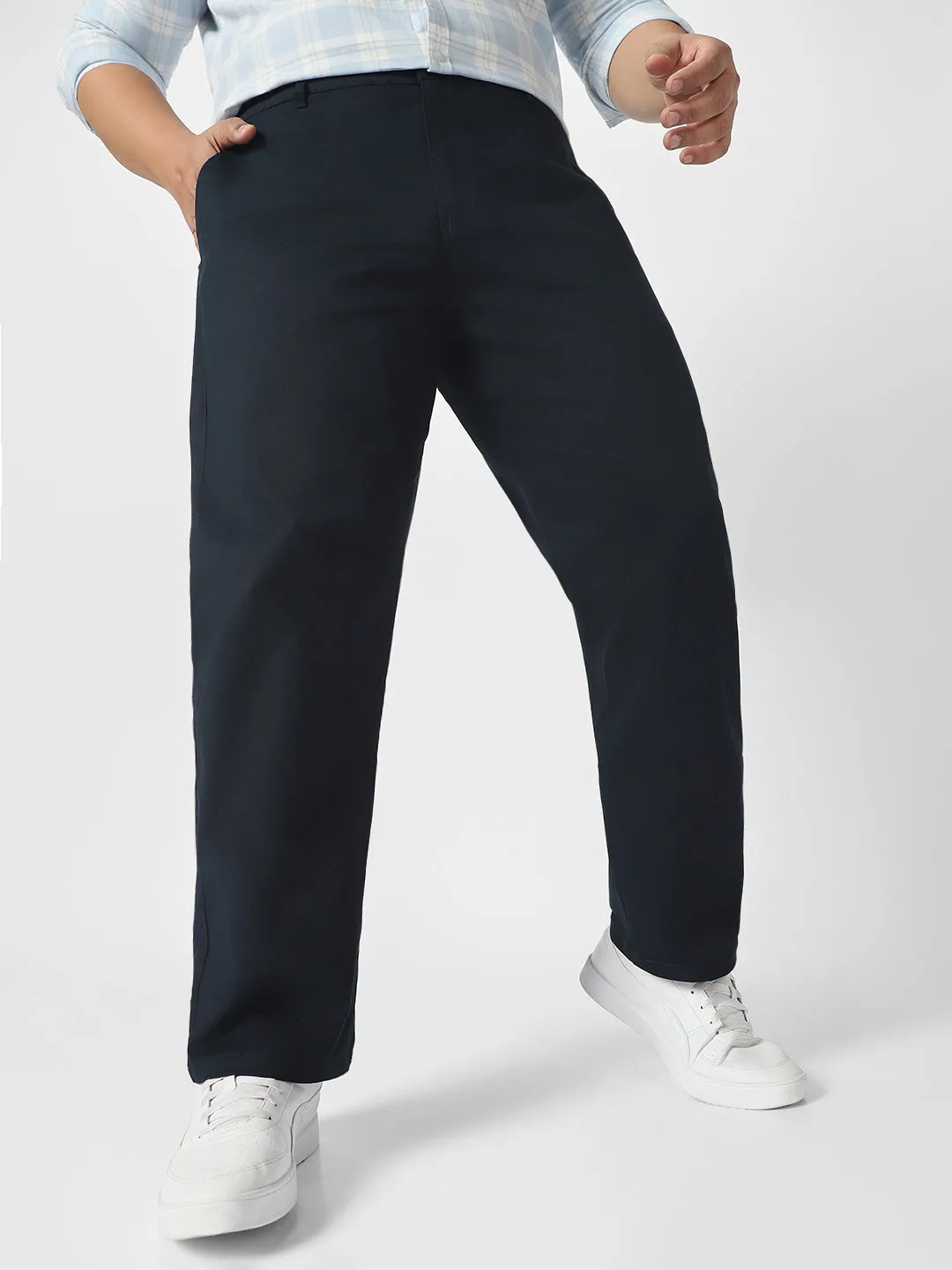 Plus Men's Navy Blue Cotton Regular Fit Casual Chinos Trousers Stretch