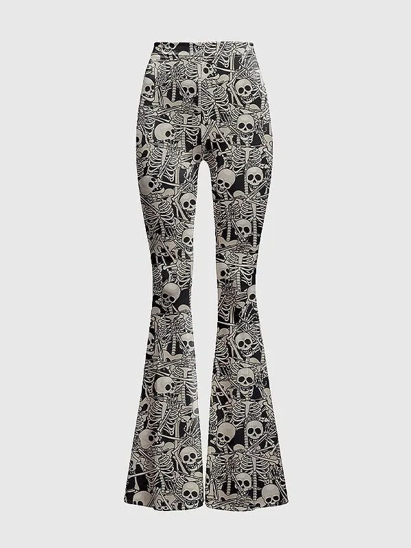 Plus Size High-Waisted Skull Print Flare Pants