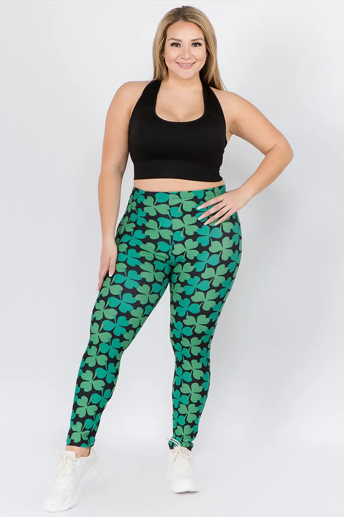 Plus Size Lucky Green Clover Printed Leggings