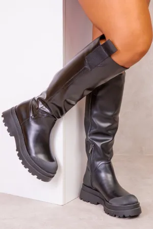 RACHEL CHUNKY PLATFORM CALF BOOTS IN BLACK FAUX LEATHER