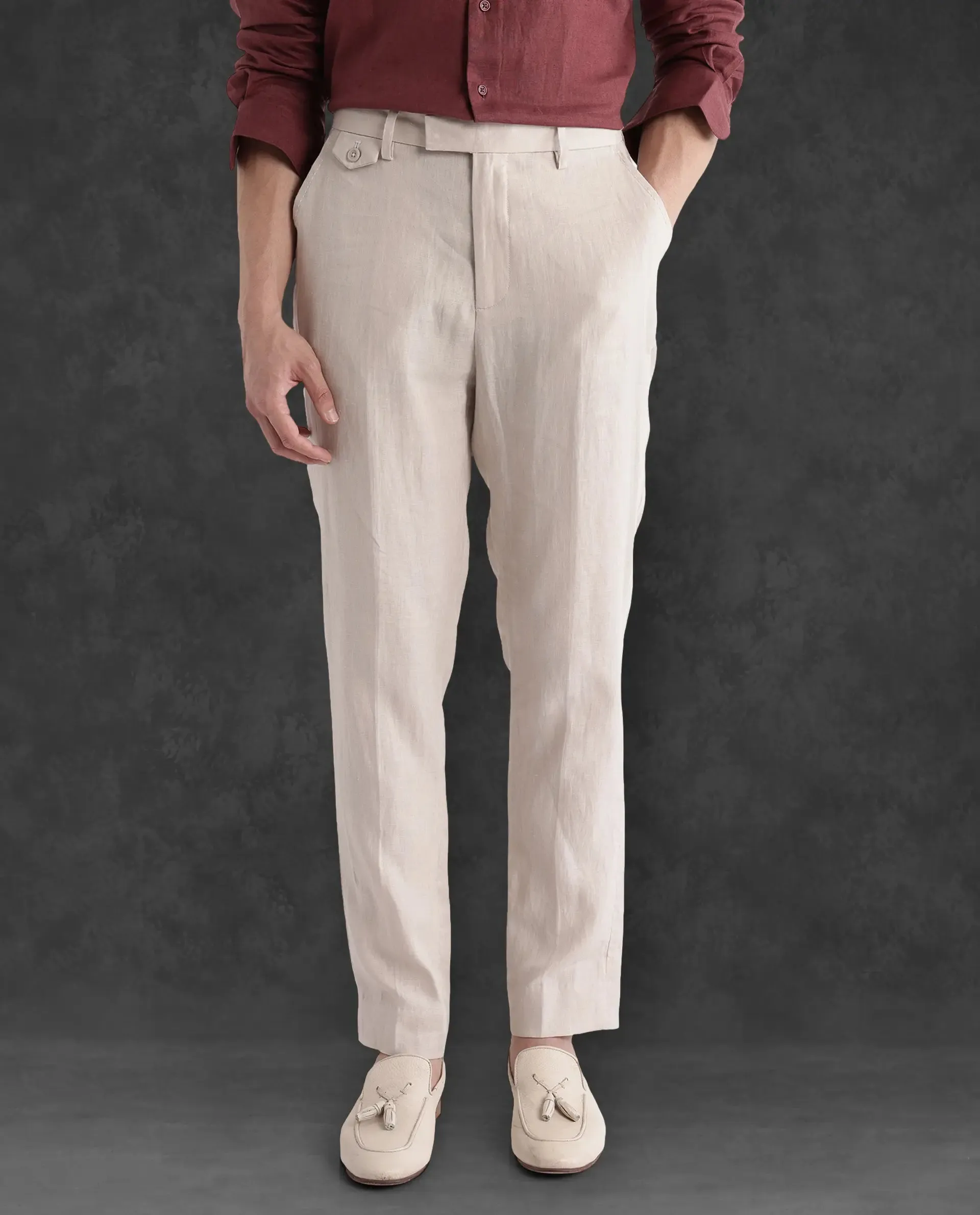 Rare Rabbit Men Arcelo-2 Beige Linen Mid Rise Regular Fit Solid Trousers