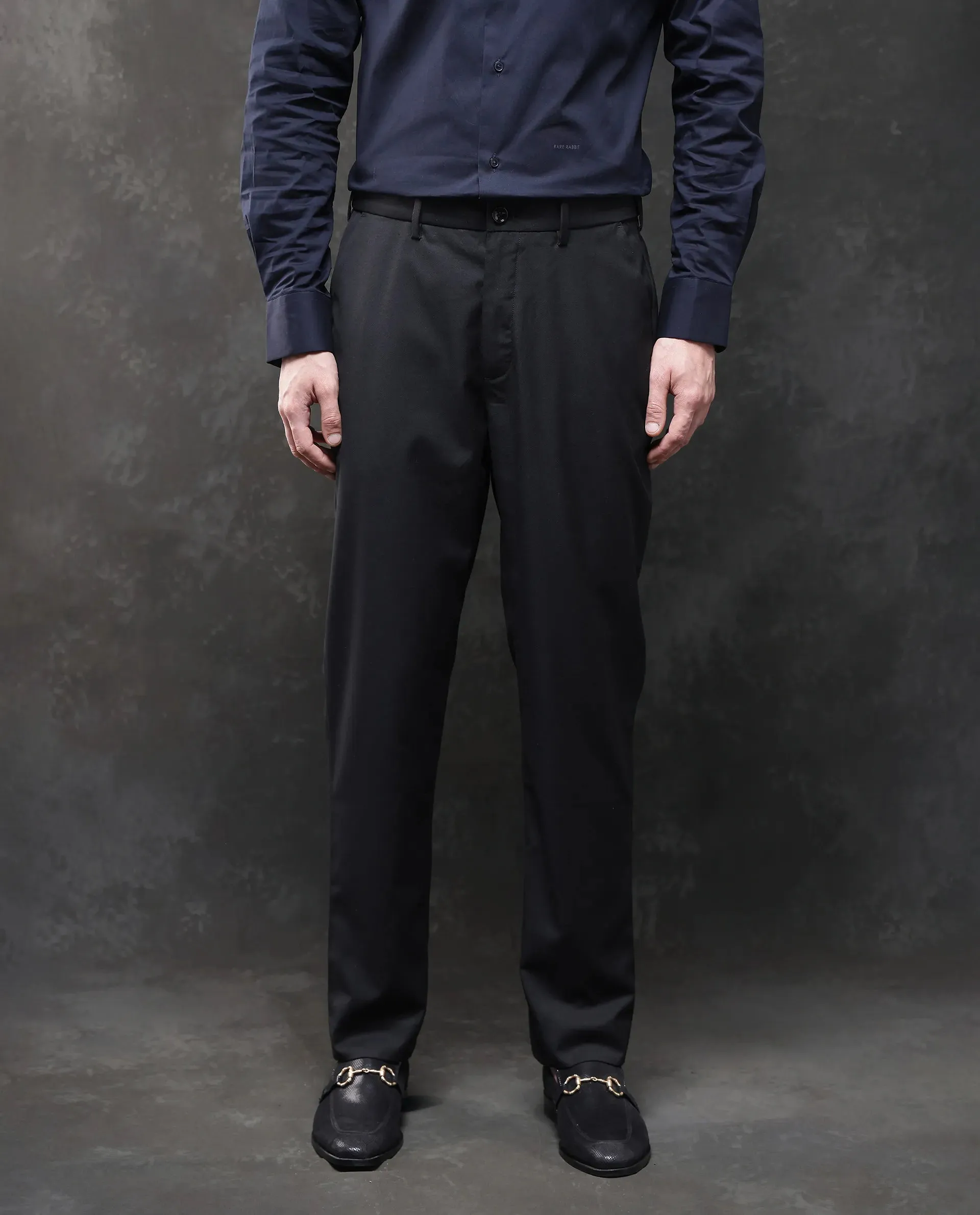 Rare Rabbit Men Ital Black Button Closure Regular Fit Plain Trouser