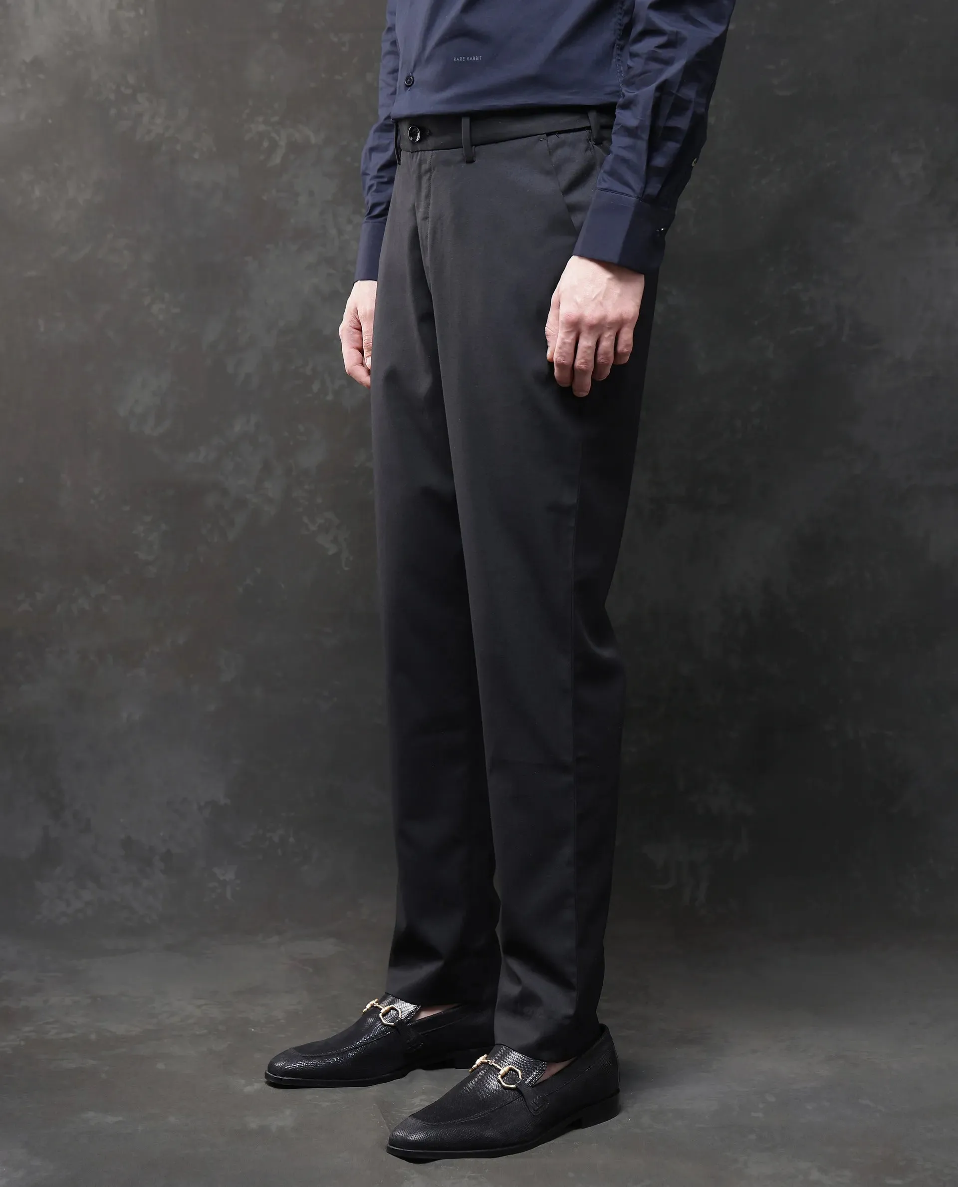 Rare Rabbit Men Ital Black Button Closure Regular Fit Plain Trouser