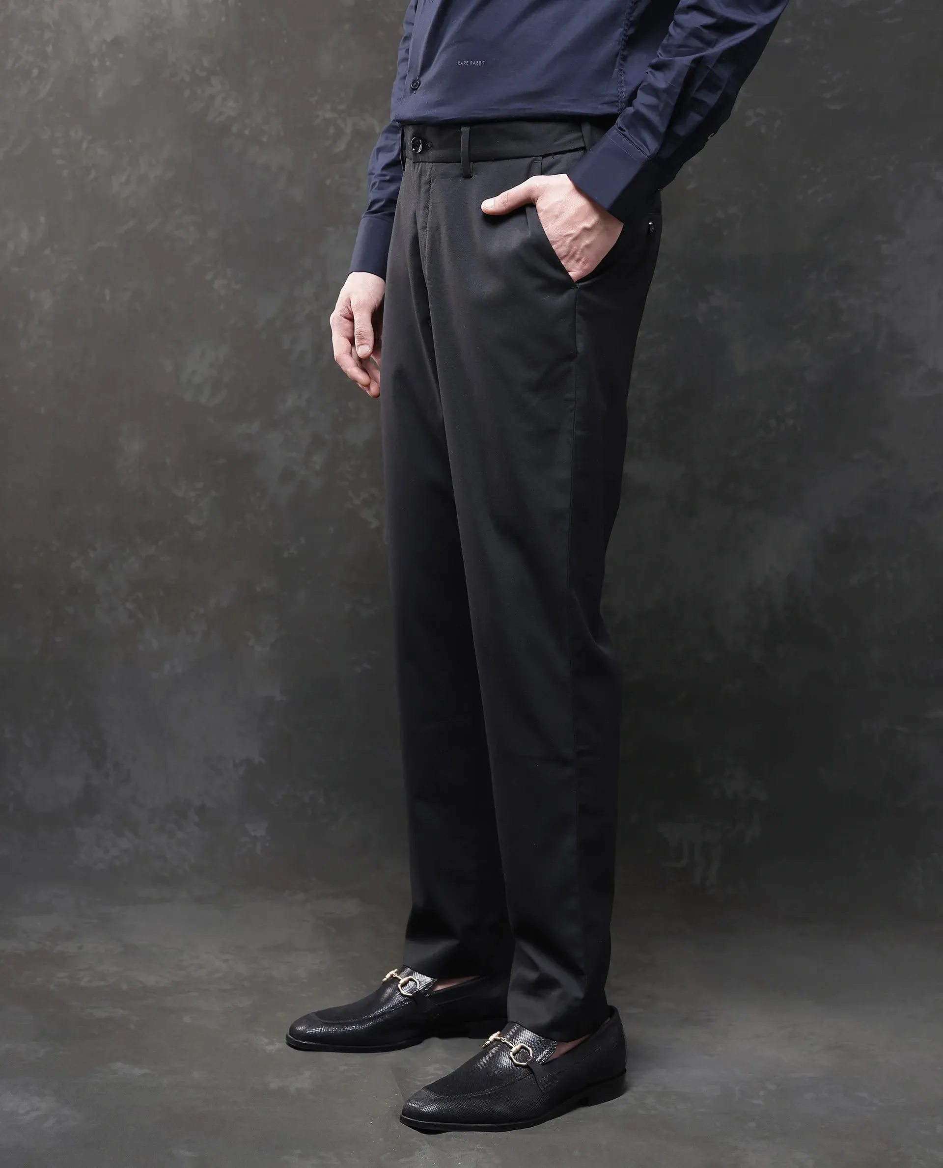 Rare Rabbit Men Ital Black Button Closure Regular Fit Plain Trouser