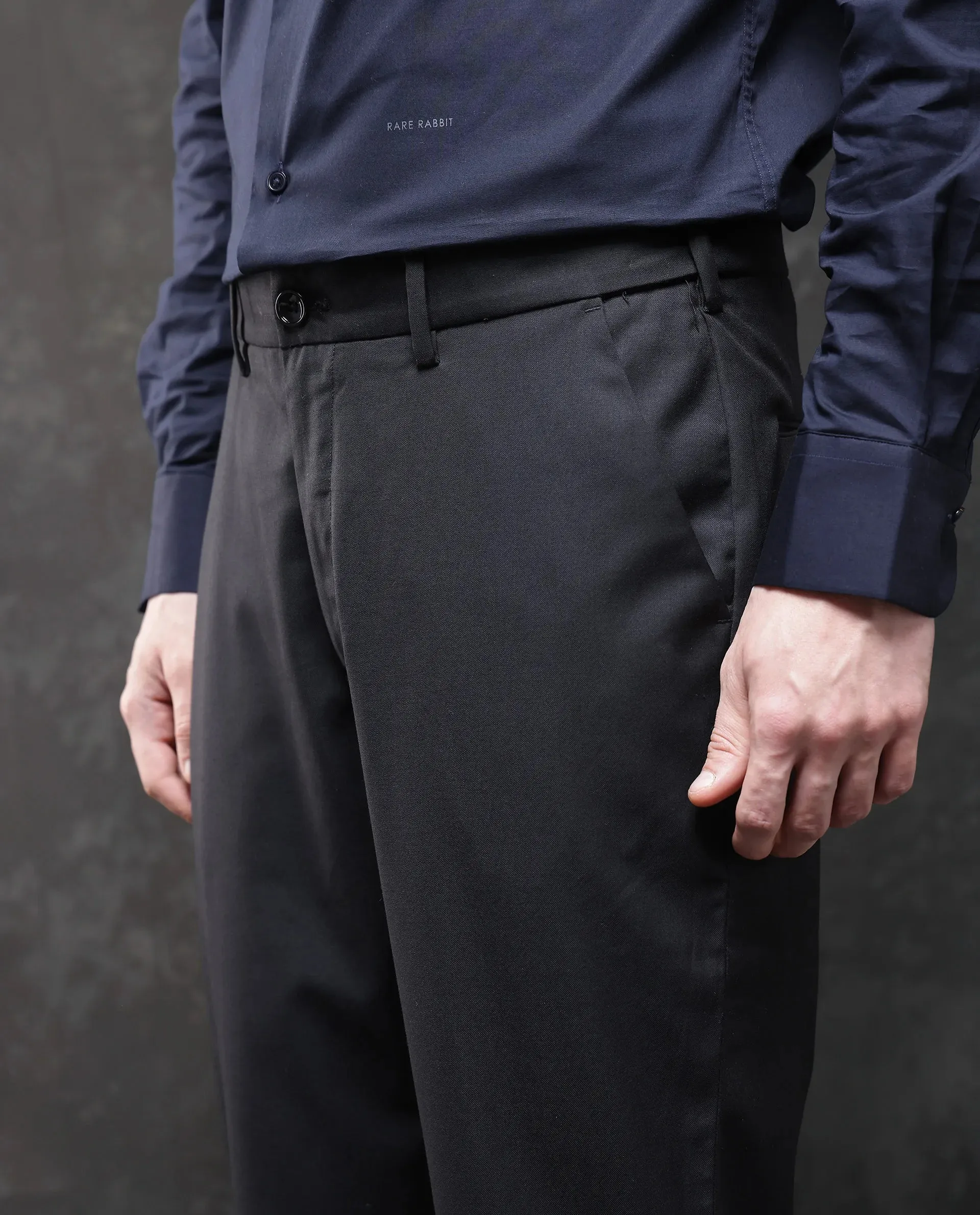 Rare Rabbit Men Ital Black Button Closure Regular Fit Plain Trouser