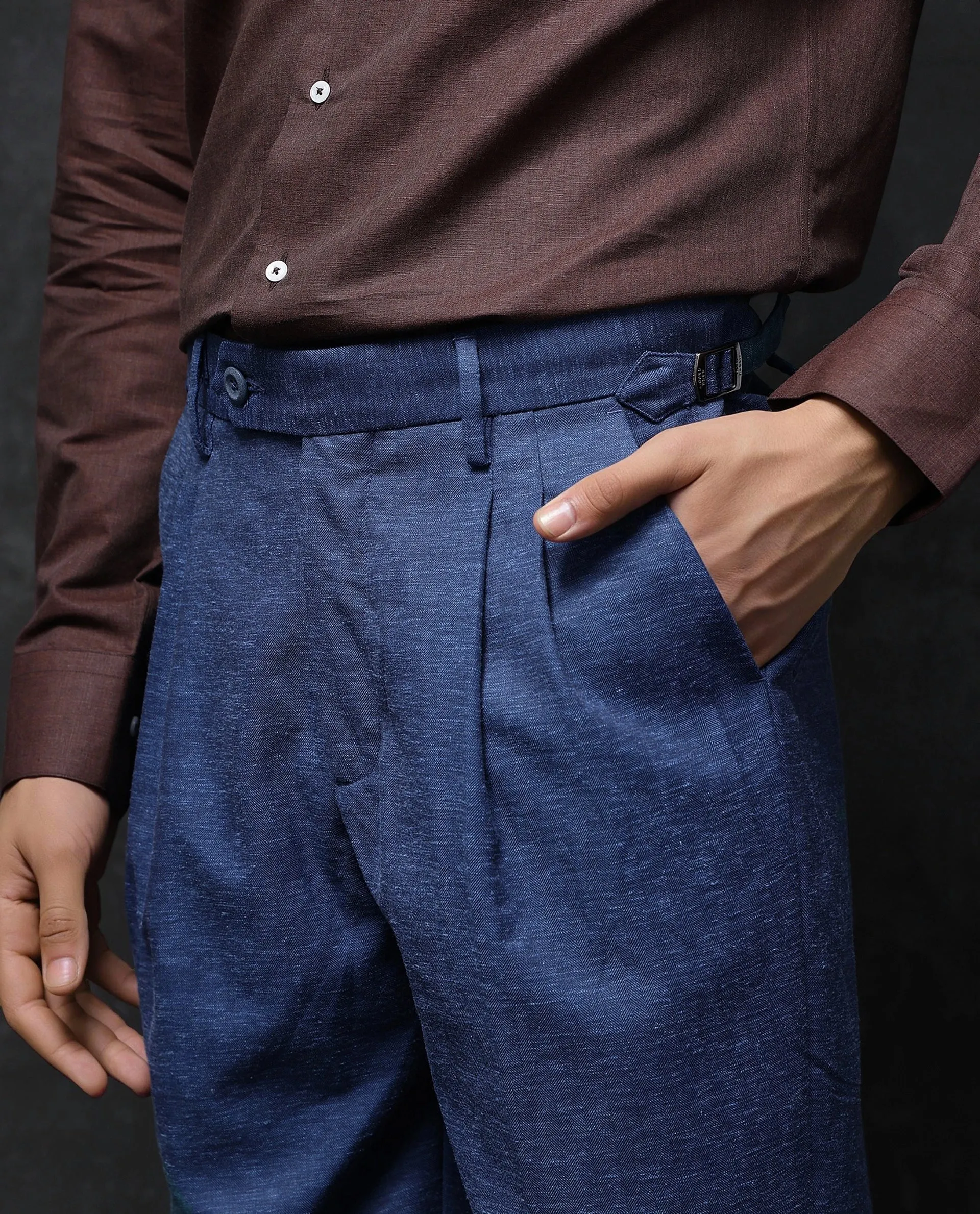 Rare Rabbit Men Rhesa Dark Teal Linen Blend Pleated Button Closure Relaxed Fit Plain Trouser