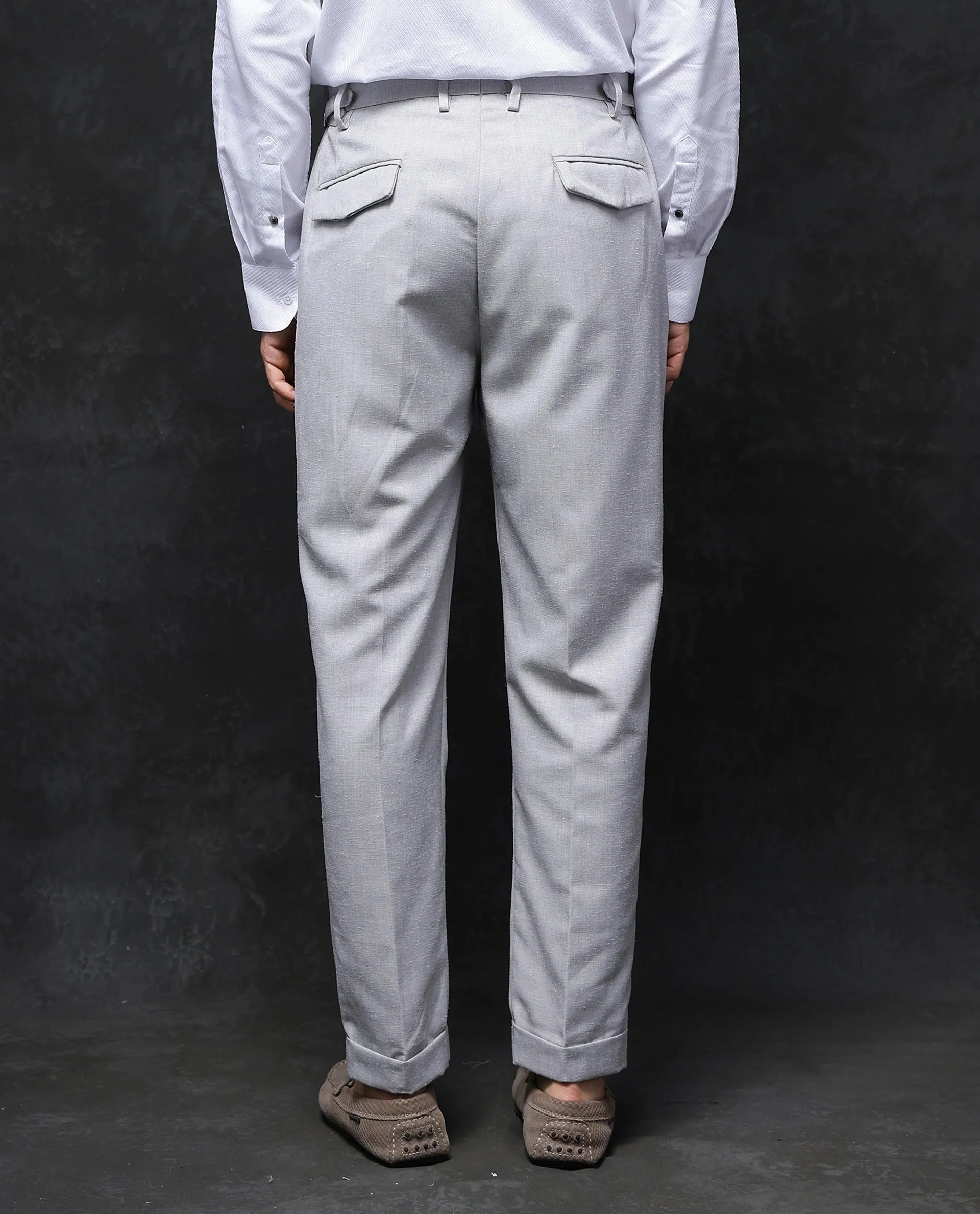 Rare Rabbit Men Rhesa Grey Linen Blend Pleated Button Closure Relaxed Fit Plain Trouser