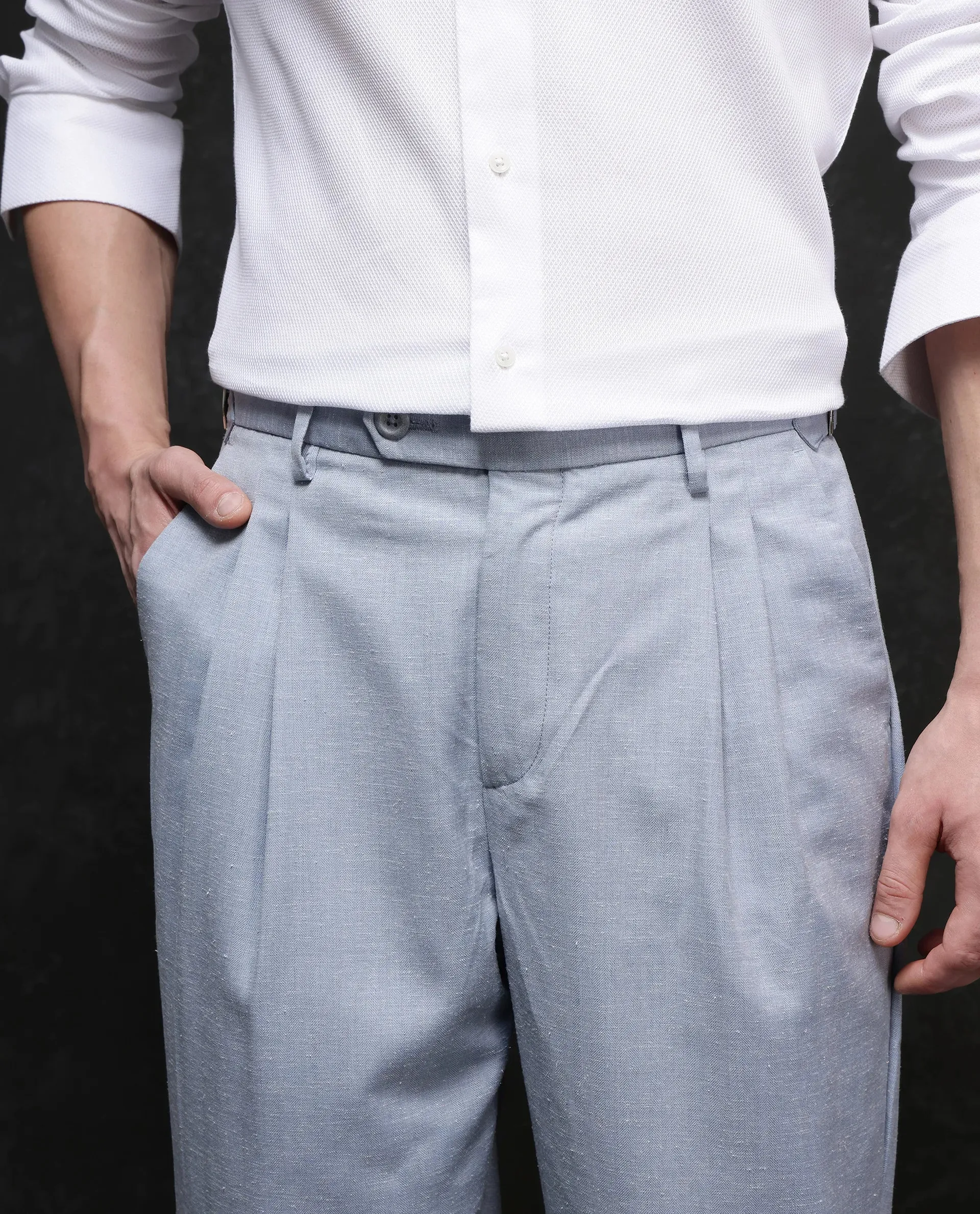 Rare Rabbit Men Rhesa Light Blue Linen Blend Pleated Button Closure Relaxed Fit Plain Trouser