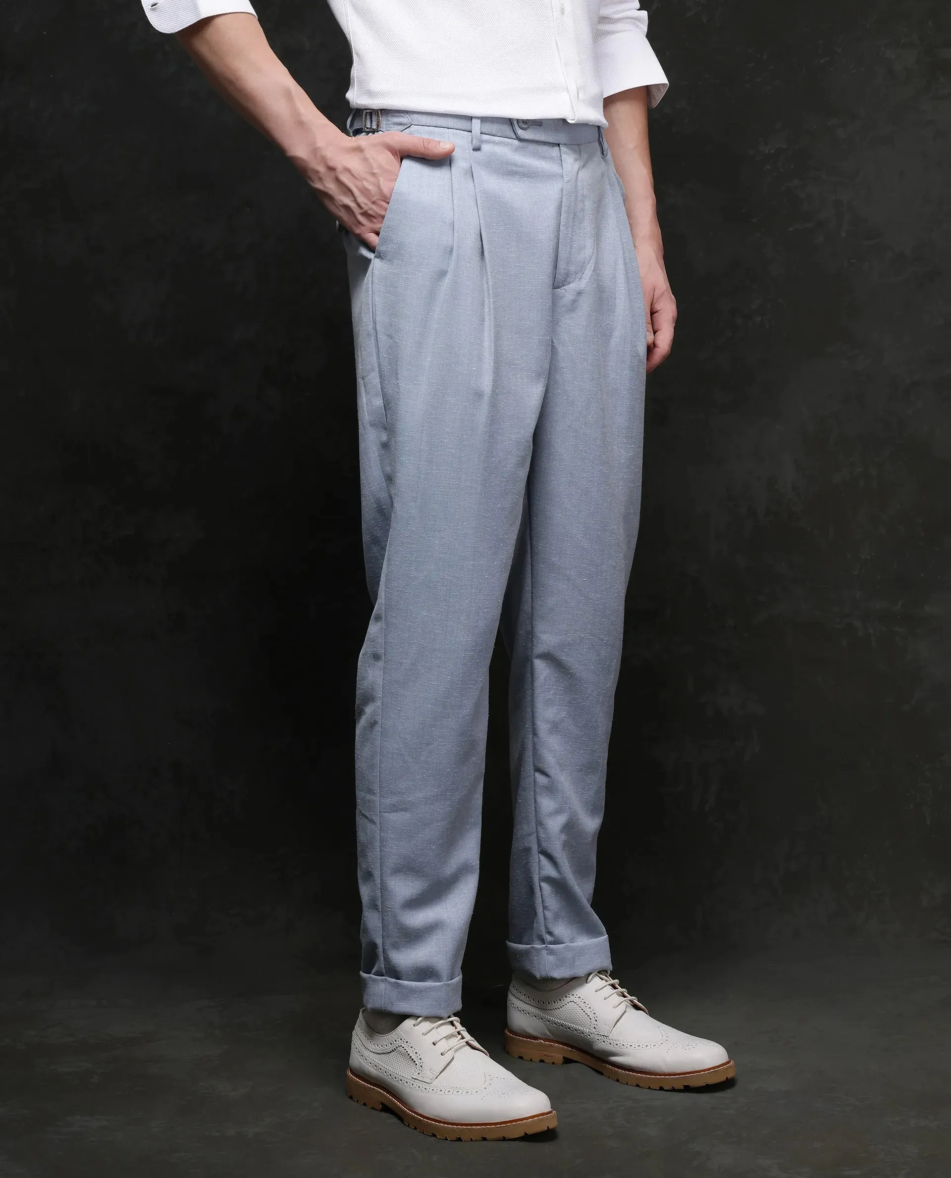 Rare Rabbit Men Rhesa Light Blue Linen Blend Pleated Button Closure Relaxed Fit Plain Trouser