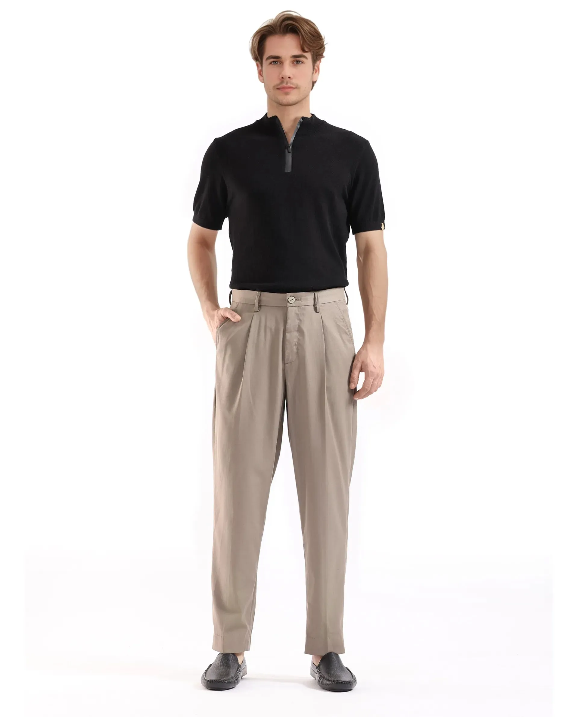 Rare Rabbit Men Windsor Dark Beige Button Closure Pleated Relaxed Fit Plain Trouser