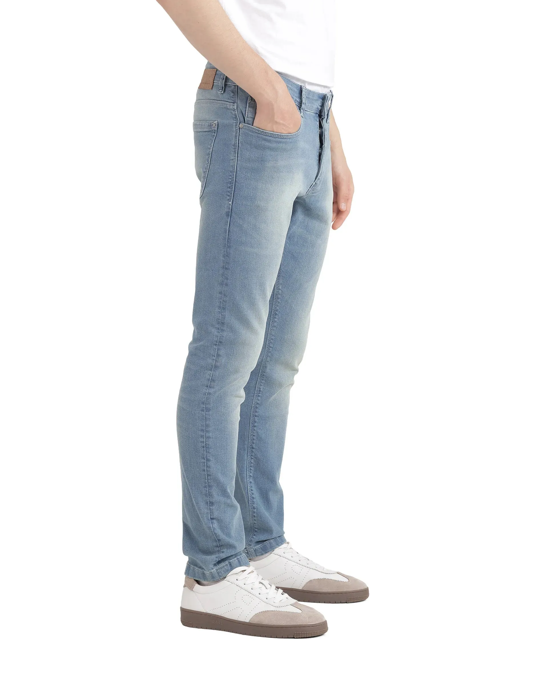 Rare Rabbit Mens Orsica Flouroscent Blue Cotton Polyester Solid Slim Fit Jeans