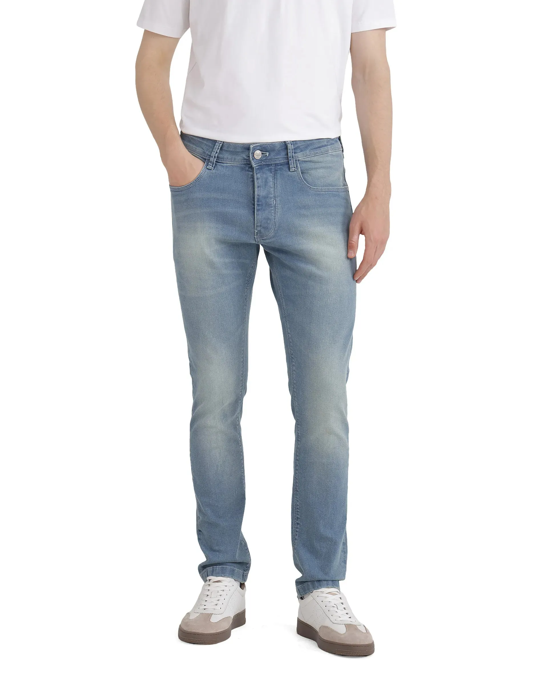 Rare Rabbit Mens Orsica Flouroscent Blue Cotton Polyester Solid Slim Fit Jeans