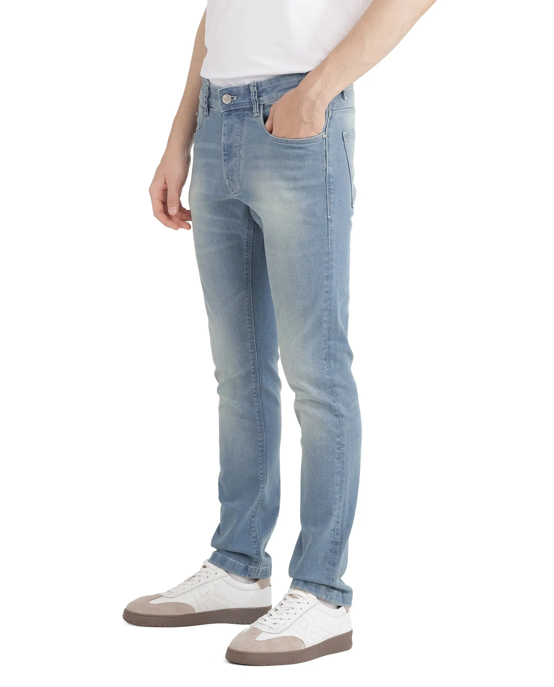 Rare Rabbit Mens Orsica Flouroscent Blue Cotton Polyester Solid Slim Fit Jeans