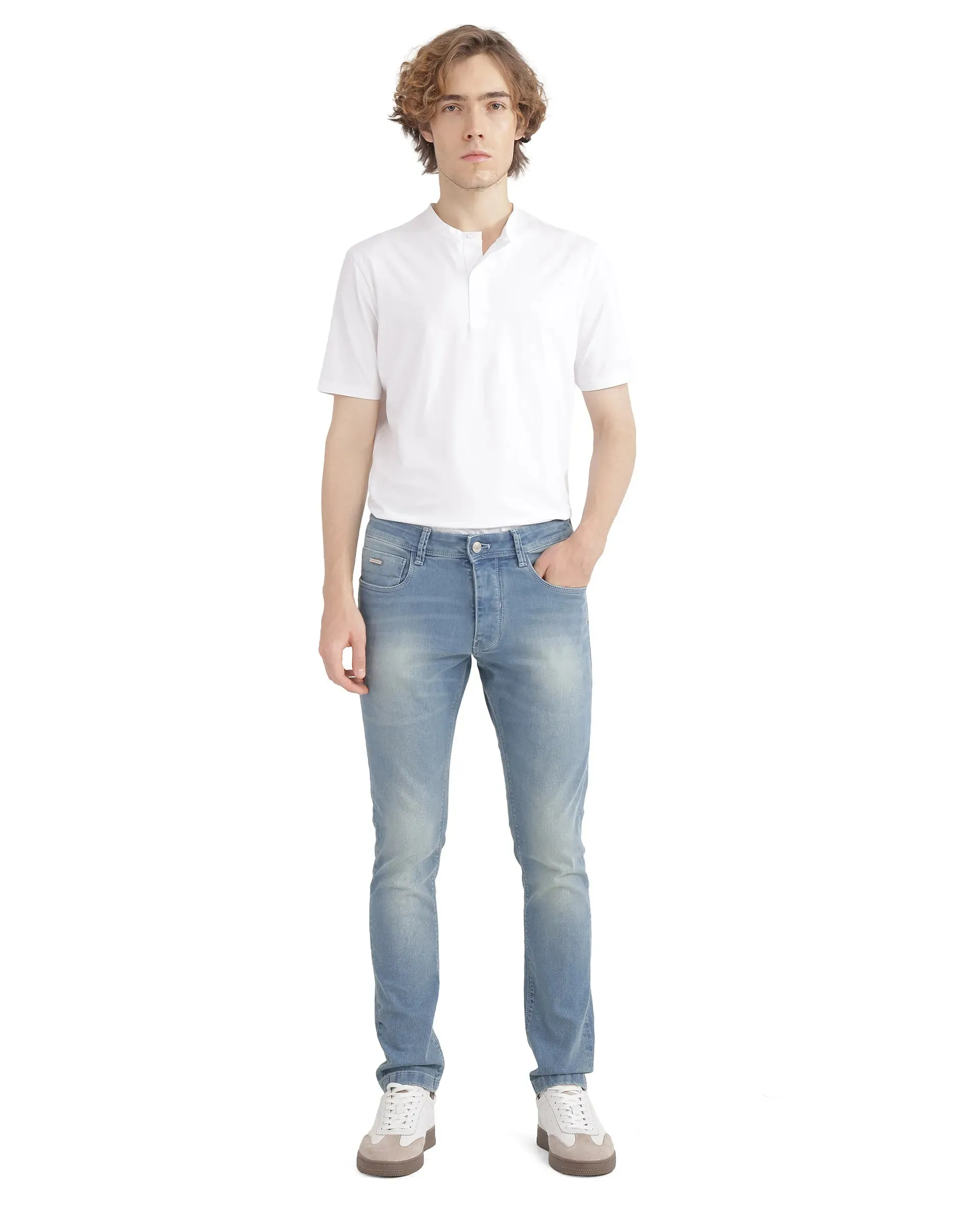 Rare Rabbit Mens Orsica Flouroscent Blue Cotton Polyester Solid Slim Fit Jeans