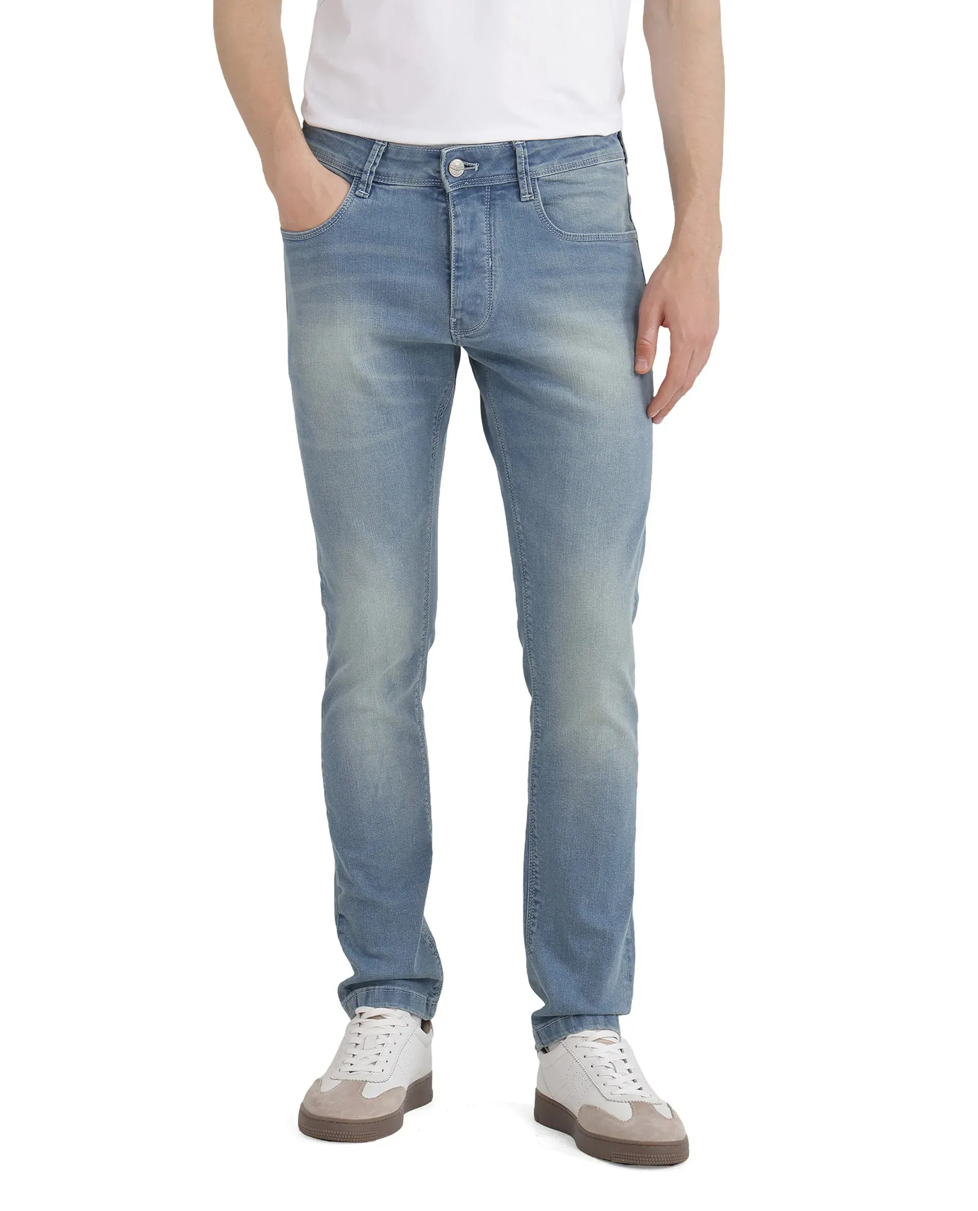 Rare Rabbit Mens Orsica Flouroscent Blue Cotton Polyester Solid Slim Fit Jeans