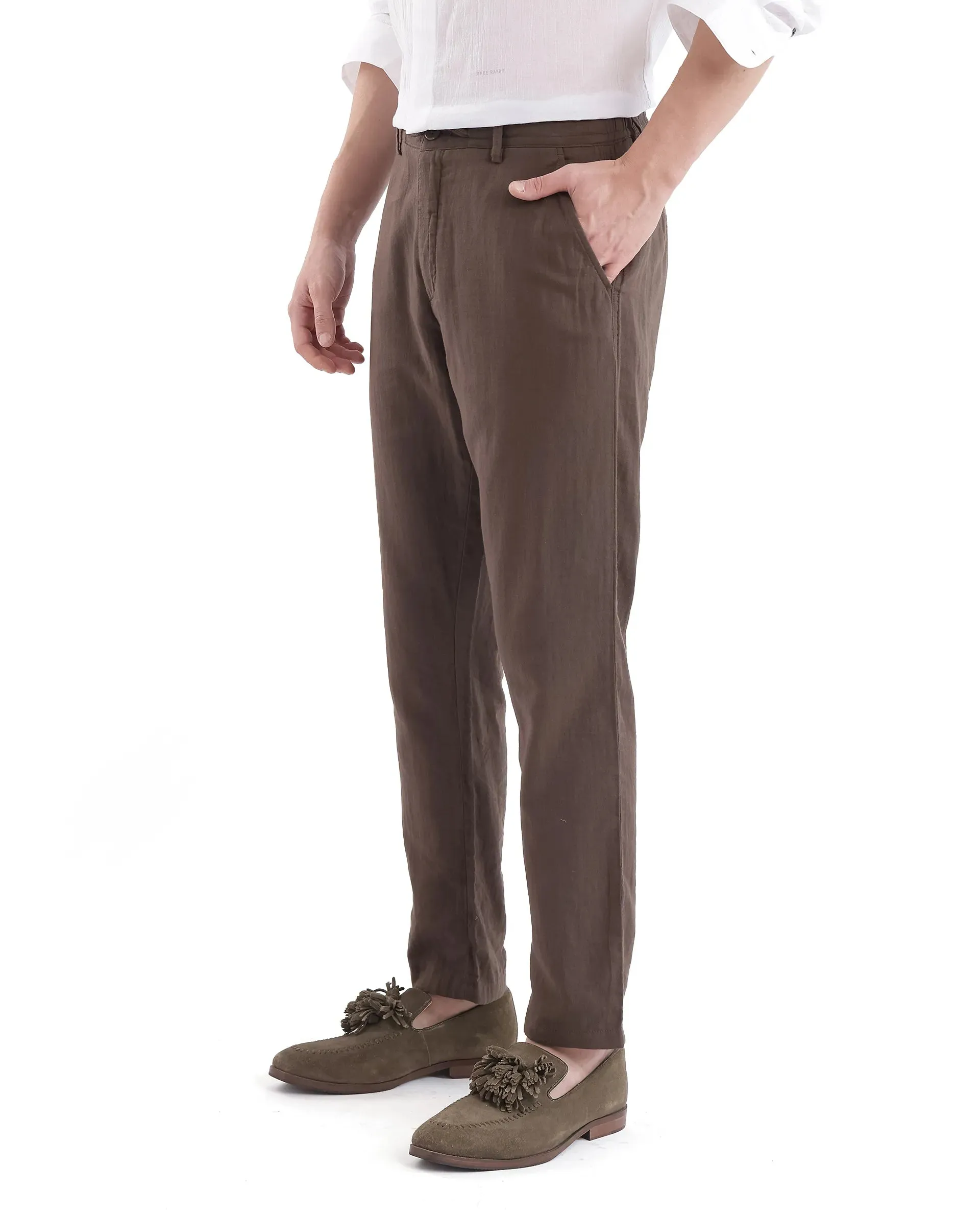 Rare Rabbit Men's Pastor-3 Dark brown Solid Mid-Rise With Drawstring And Elastic Waistband Regular Fit Trousers