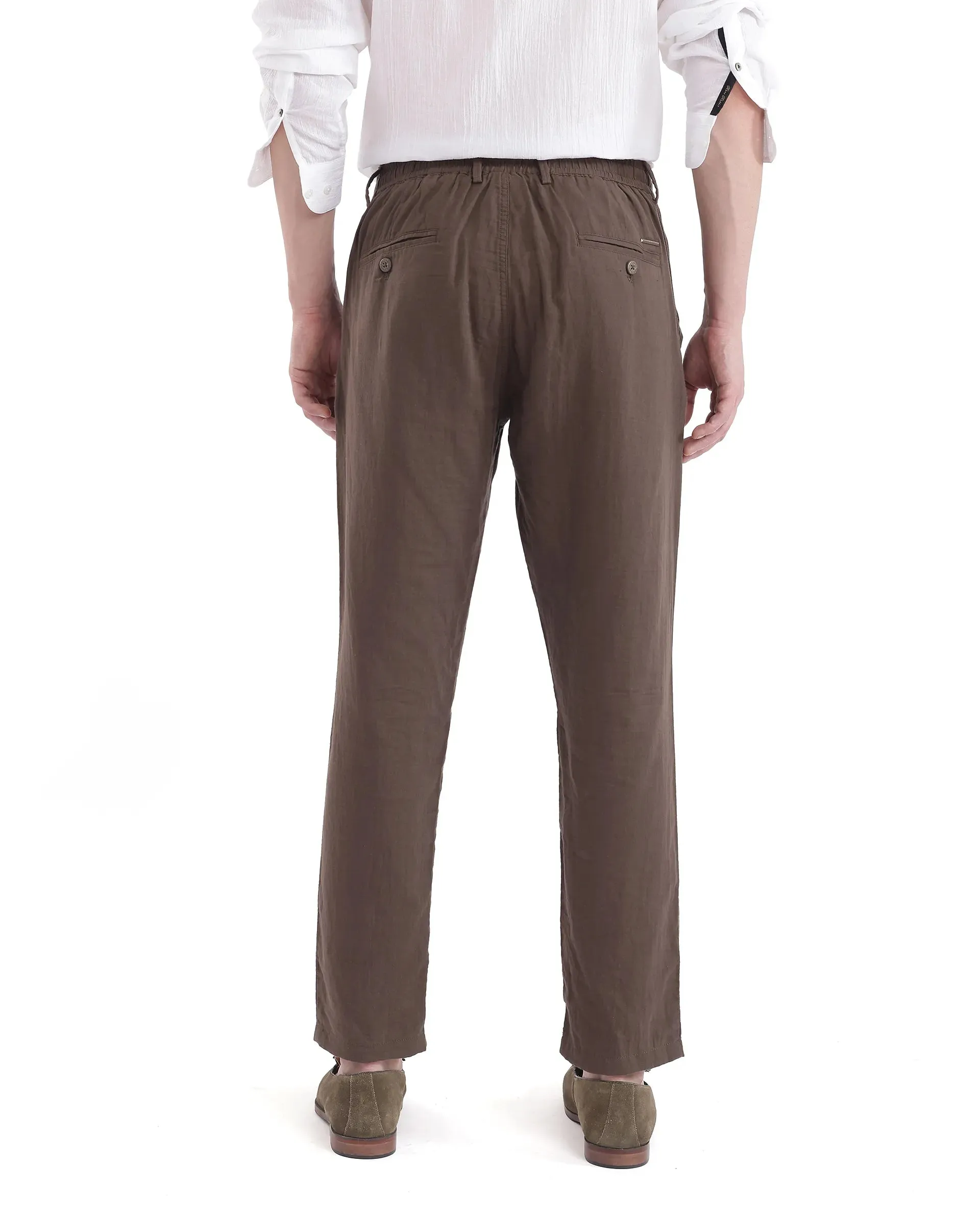 Rare Rabbit Men's Pastor-3 Dark brown Solid Mid-Rise With Drawstring And Elastic Waistband Regular Fit Trousers