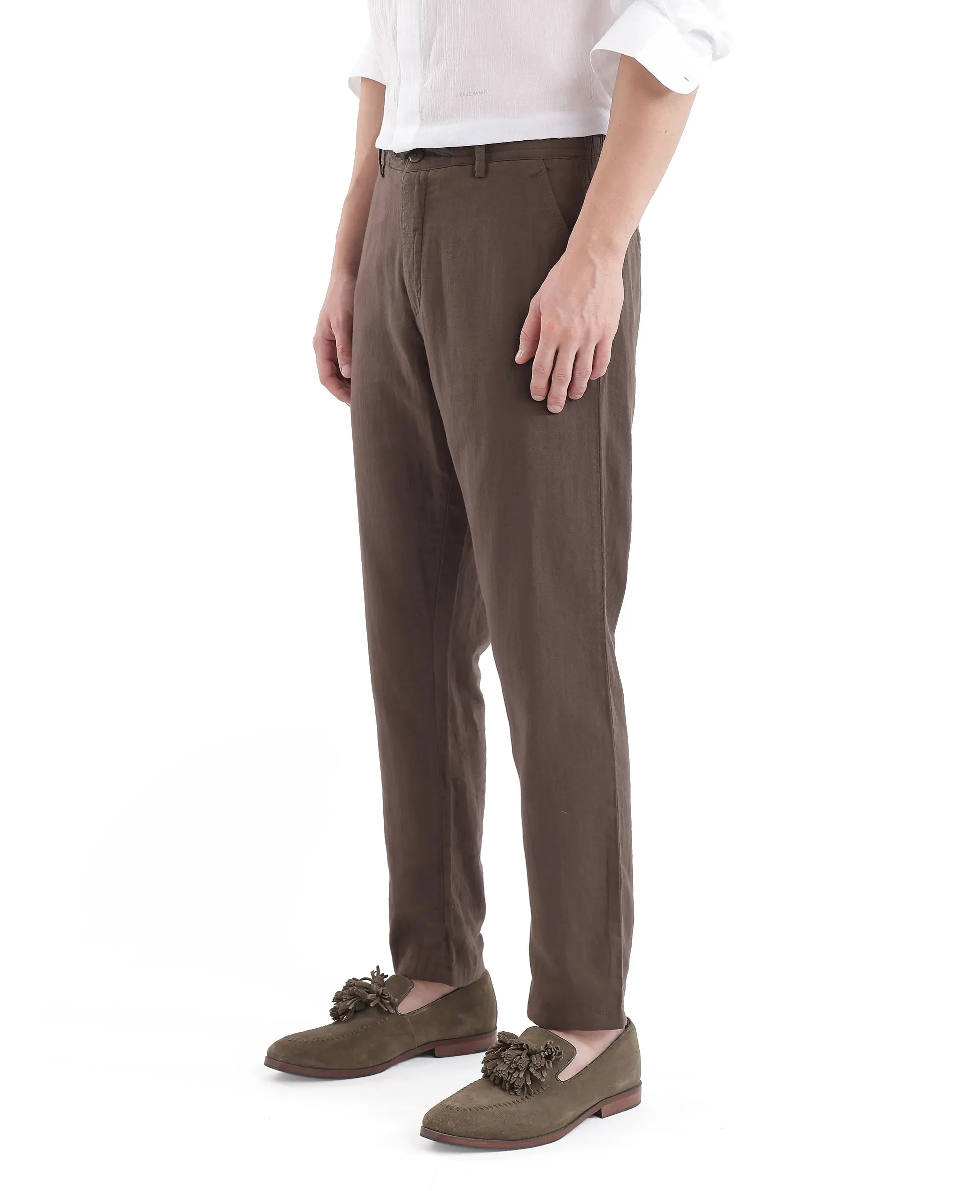 Rare Rabbit Men's Pastor-3 Dark brown Solid Mid-Rise With Drawstring And Elastic Waistband Regular Fit Trousers