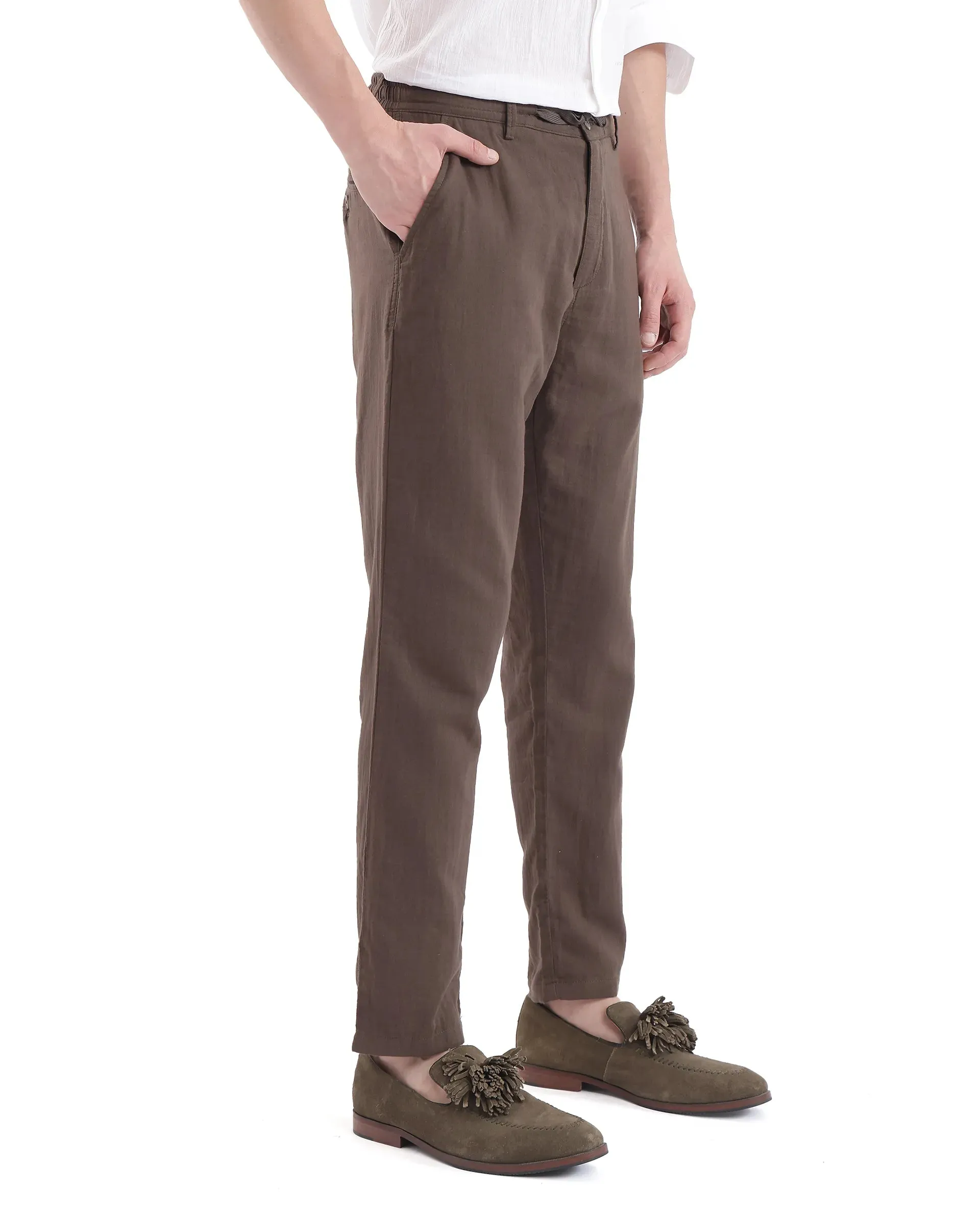 Rare Rabbit Men's Pastor-3 Dark brown Solid Mid-Rise With Drawstring And Elastic Waistband Regular Fit Trousers