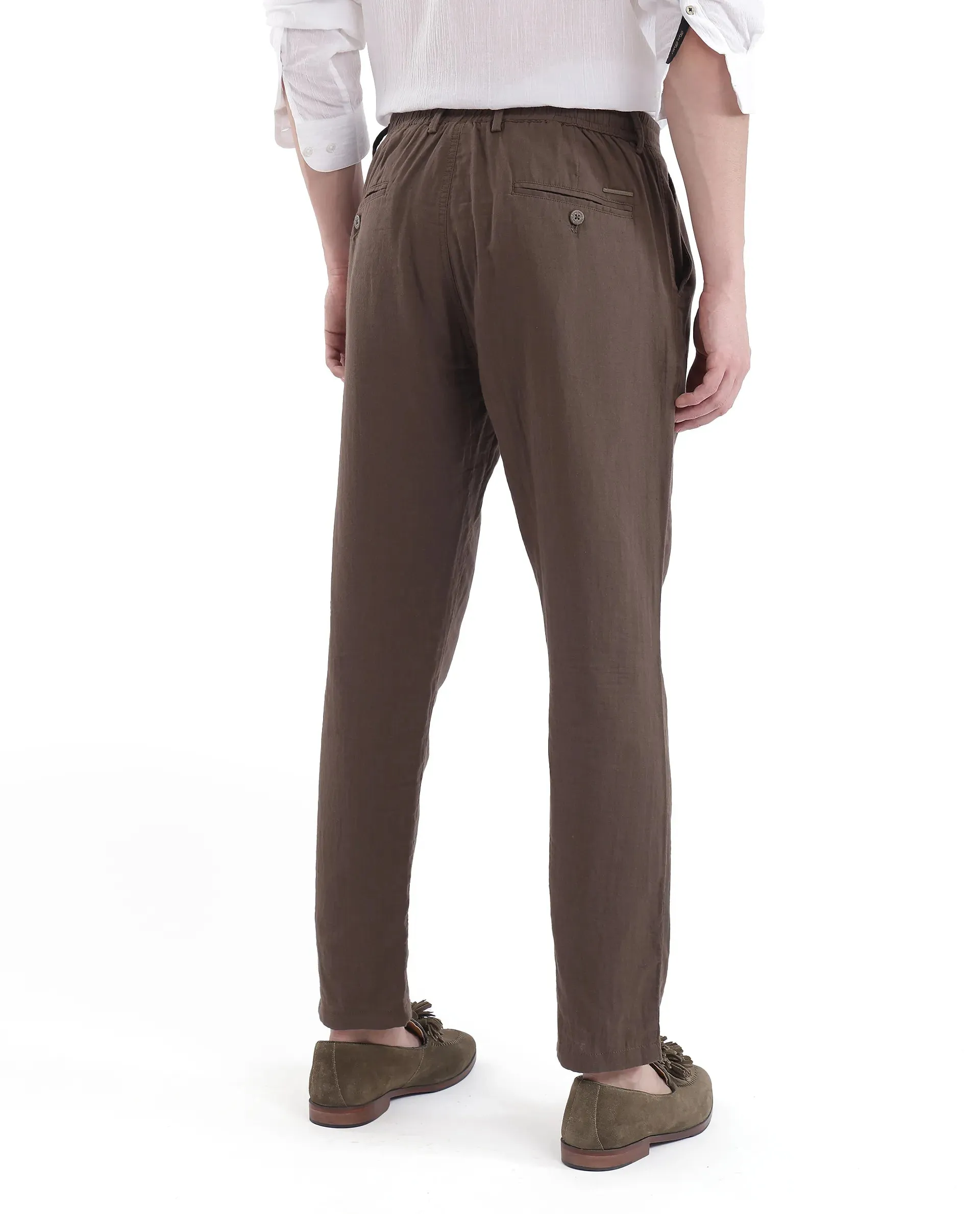 Rare Rabbit Men's Pastor-3 Dark brown Solid Mid-Rise With Drawstring And Elastic Waistband Regular Fit Trousers