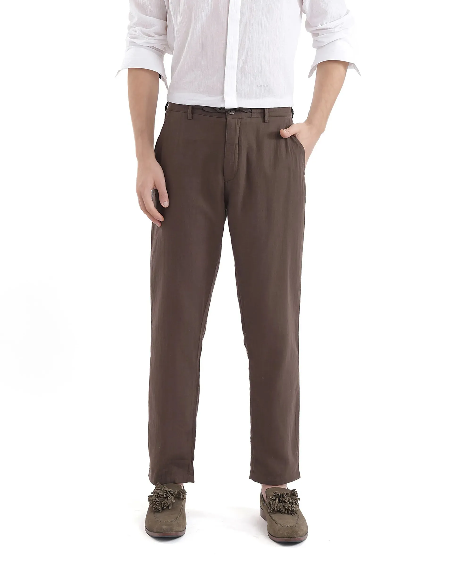 Rare Rabbit Men's Pastor-3 Dark brown Solid Mid-Rise With Drawstring And Elastic Waistband Regular Fit Trousers