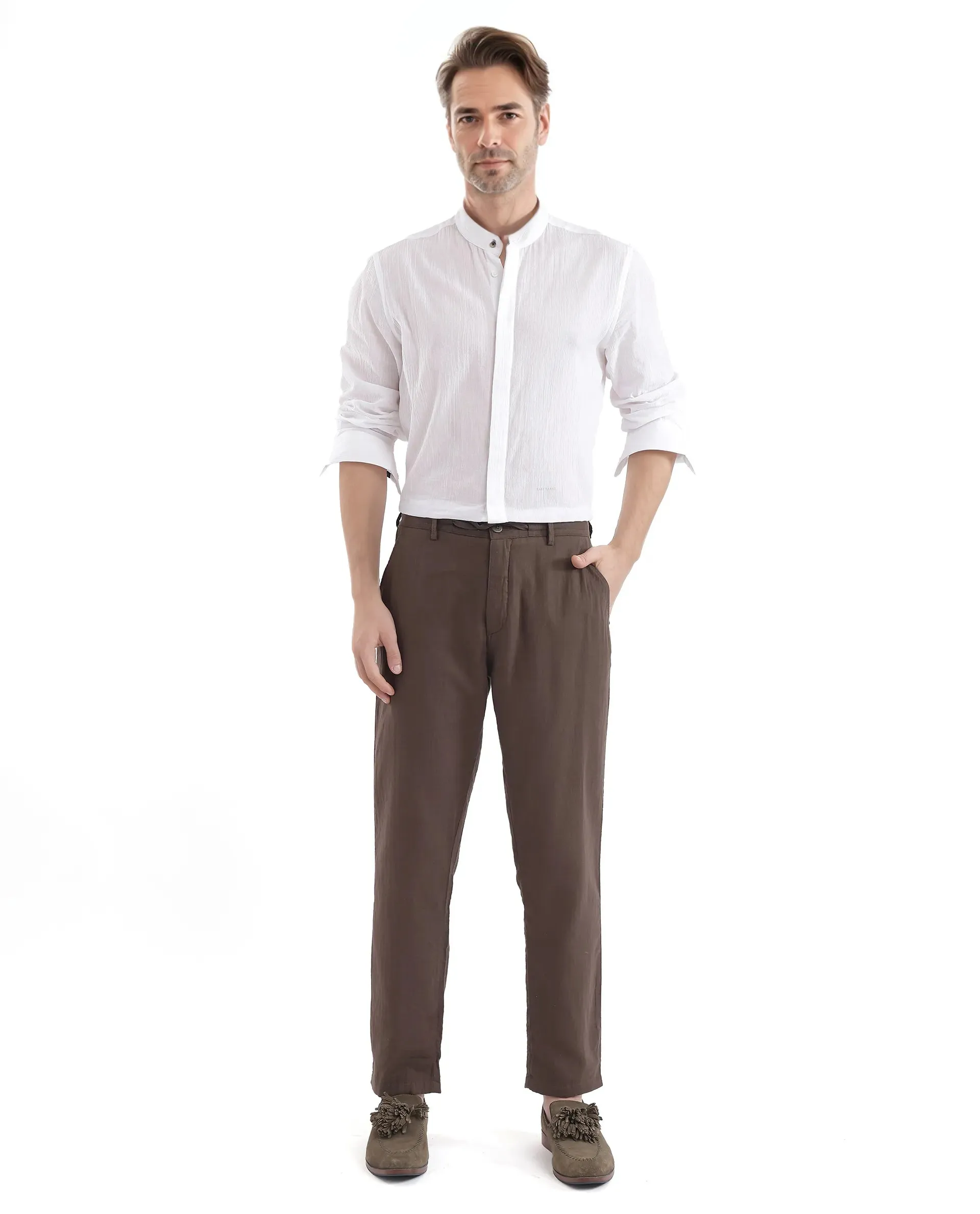 Rare Rabbit Men's Pastor-3 Dark brown Solid Mid-Rise With Drawstring And Elastic Waistband Regular Fit Trousers