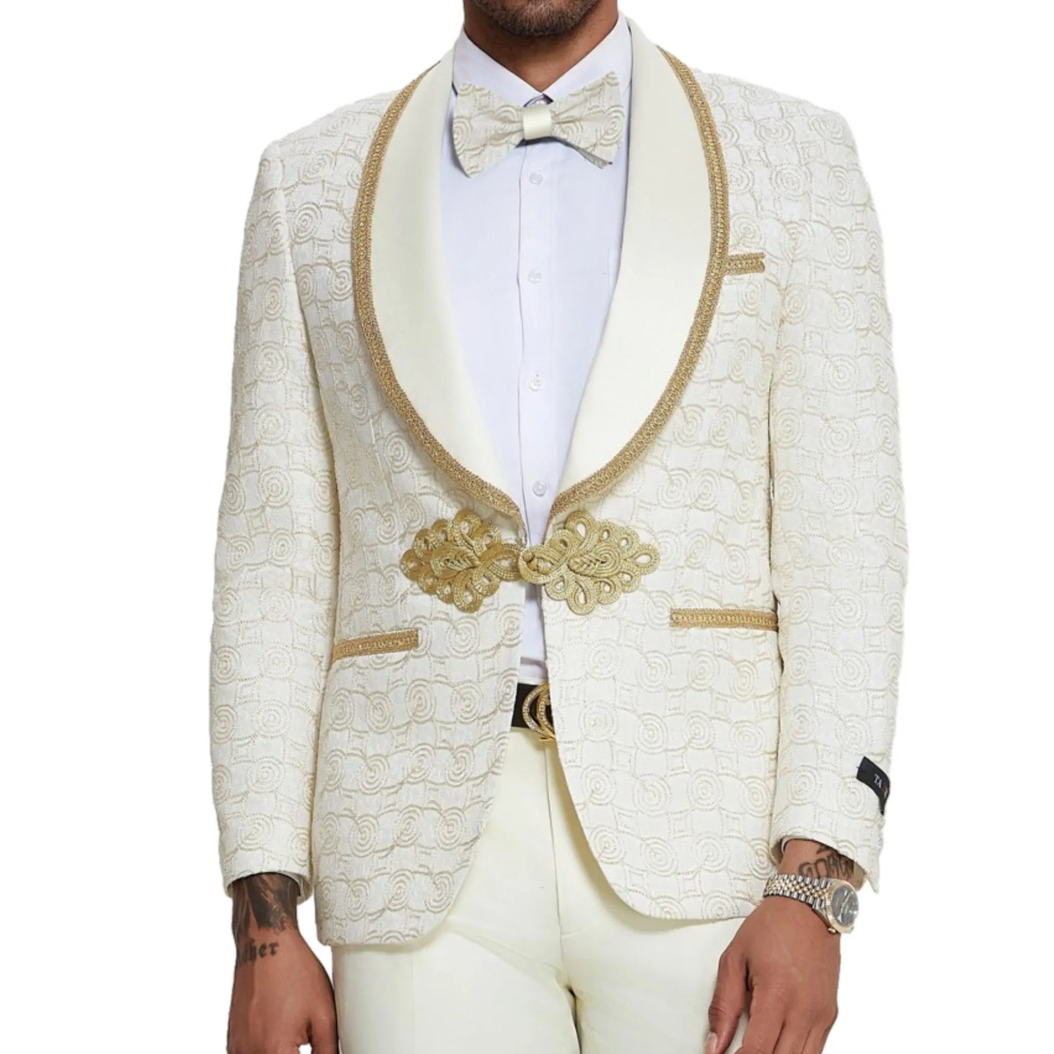 Refined Ivory and Gold Circle Tuxedo - A Trendy Selection for 2024 Prom and Wedding Seasons