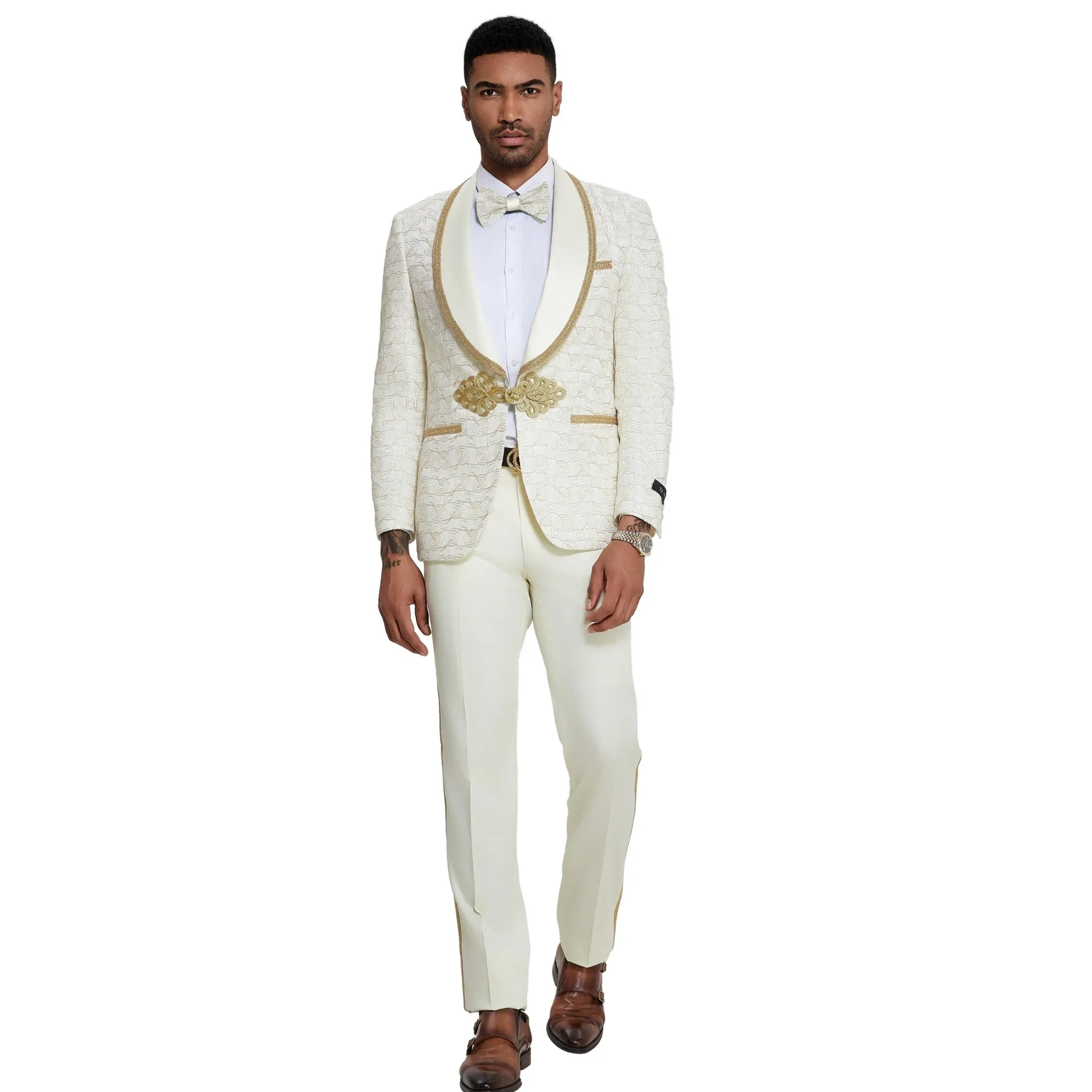 Refined Ivory and Gold Circle Tuxedo - A Trendy Selection for 2024 Prom and Wedding Seasons