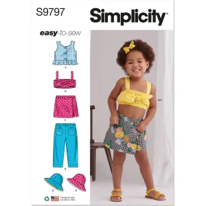 Simplicity Sewing Pattern S9797 Toddlers' Tops, Skort, Pants and Hat in Three Sizes