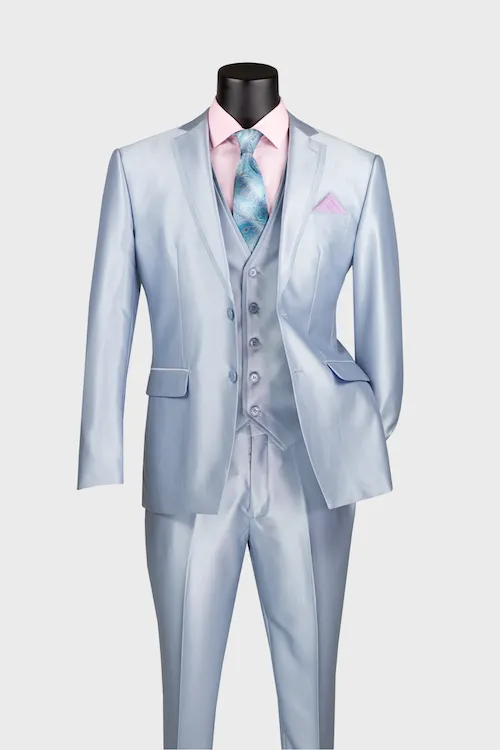 Sky Blue Shiny Notch Lapel Suit