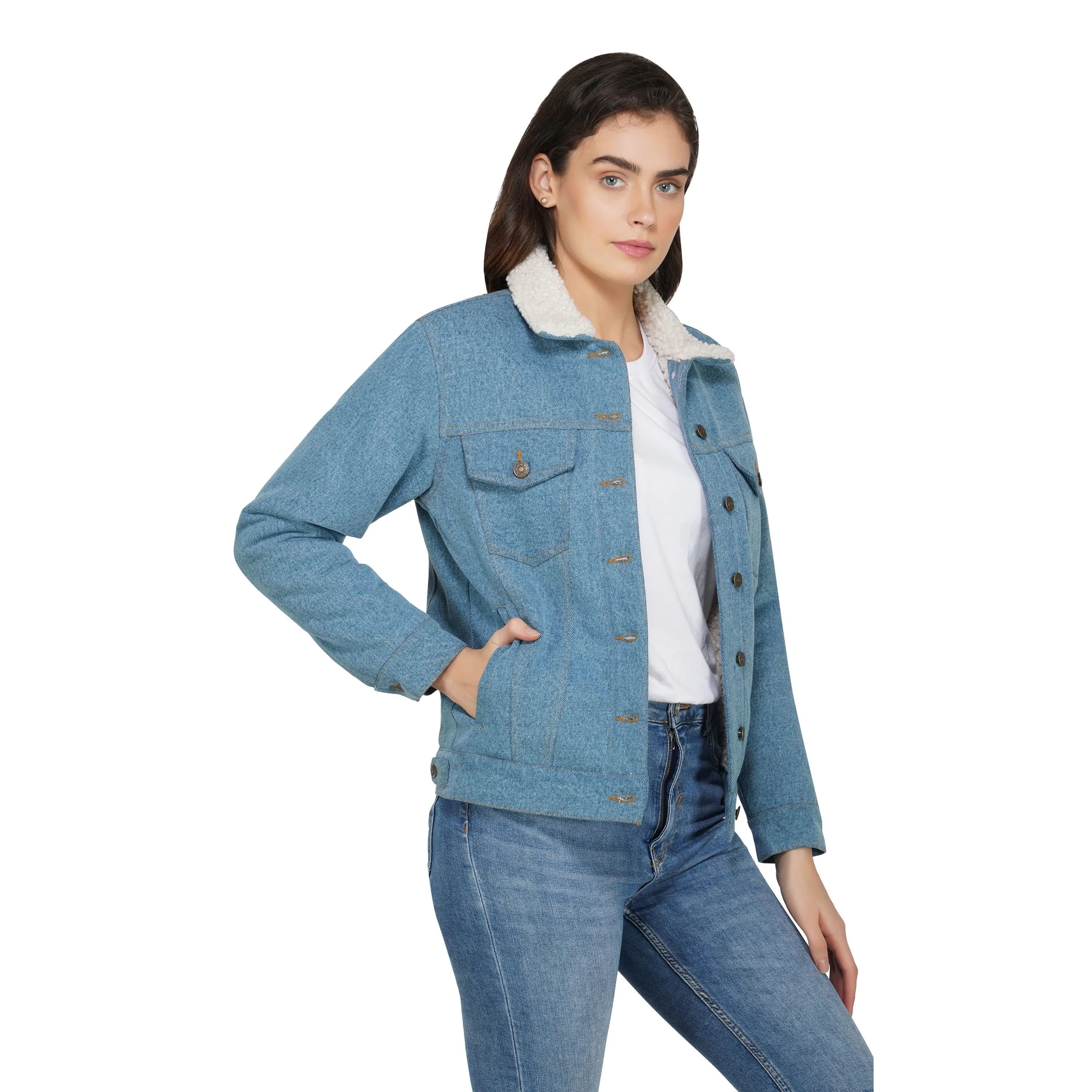 SLAY. Women's Enzyme Washed Denim Jacket with Faux-fur Lining