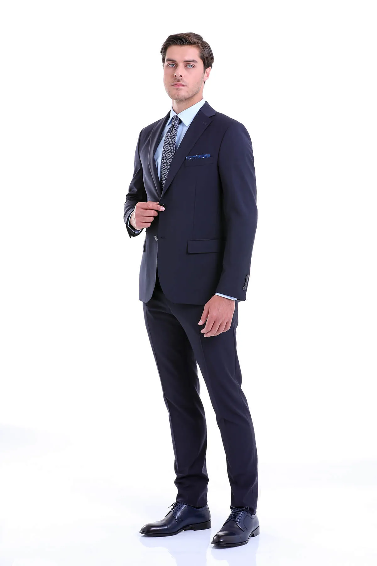 Slim Fit Notch Lapel Plain Navy Wool Blend Classic Suit