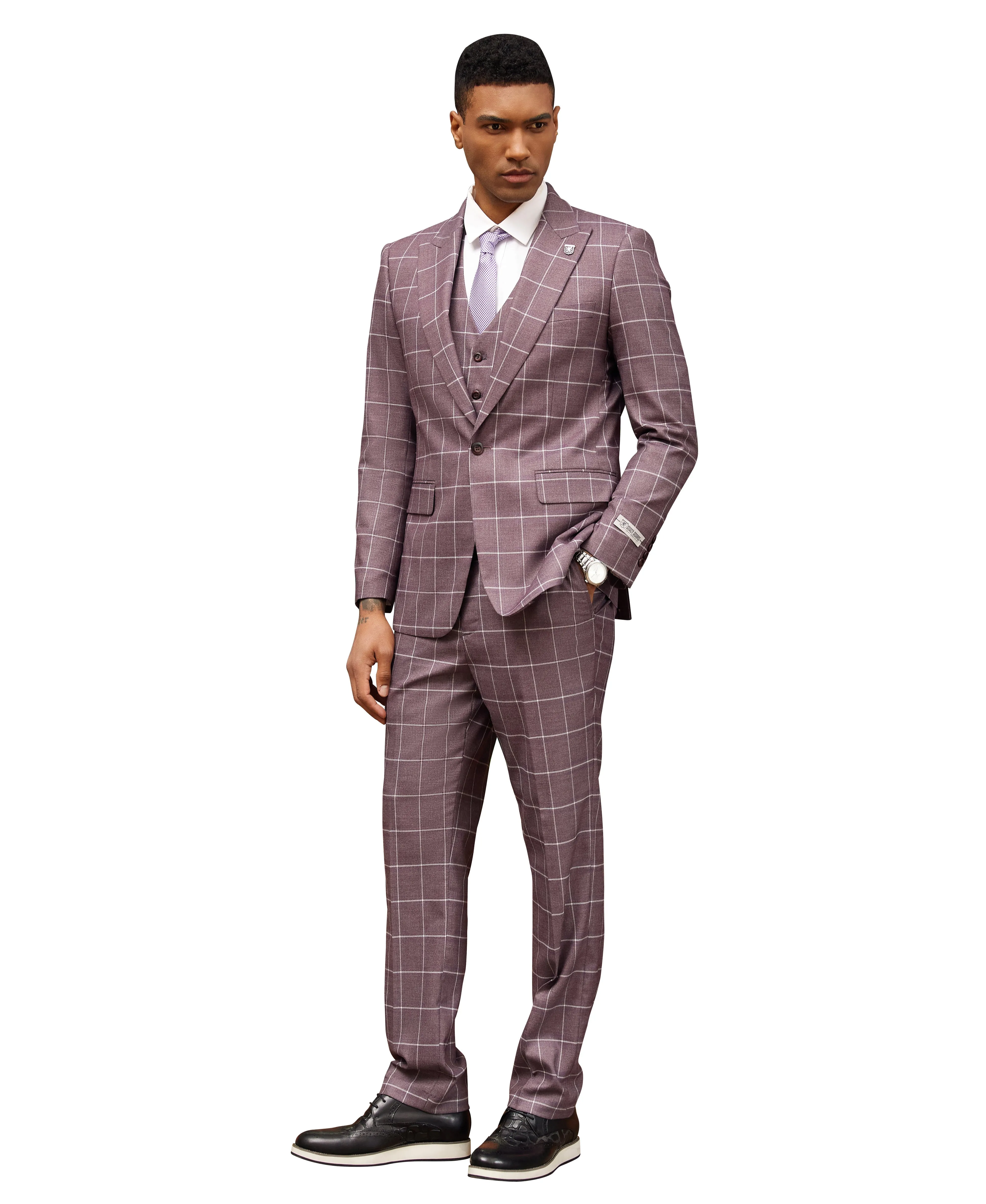 Stacy Adams Hybrid-Fit 3-Piece Vested Suit, Lilac Windowpane