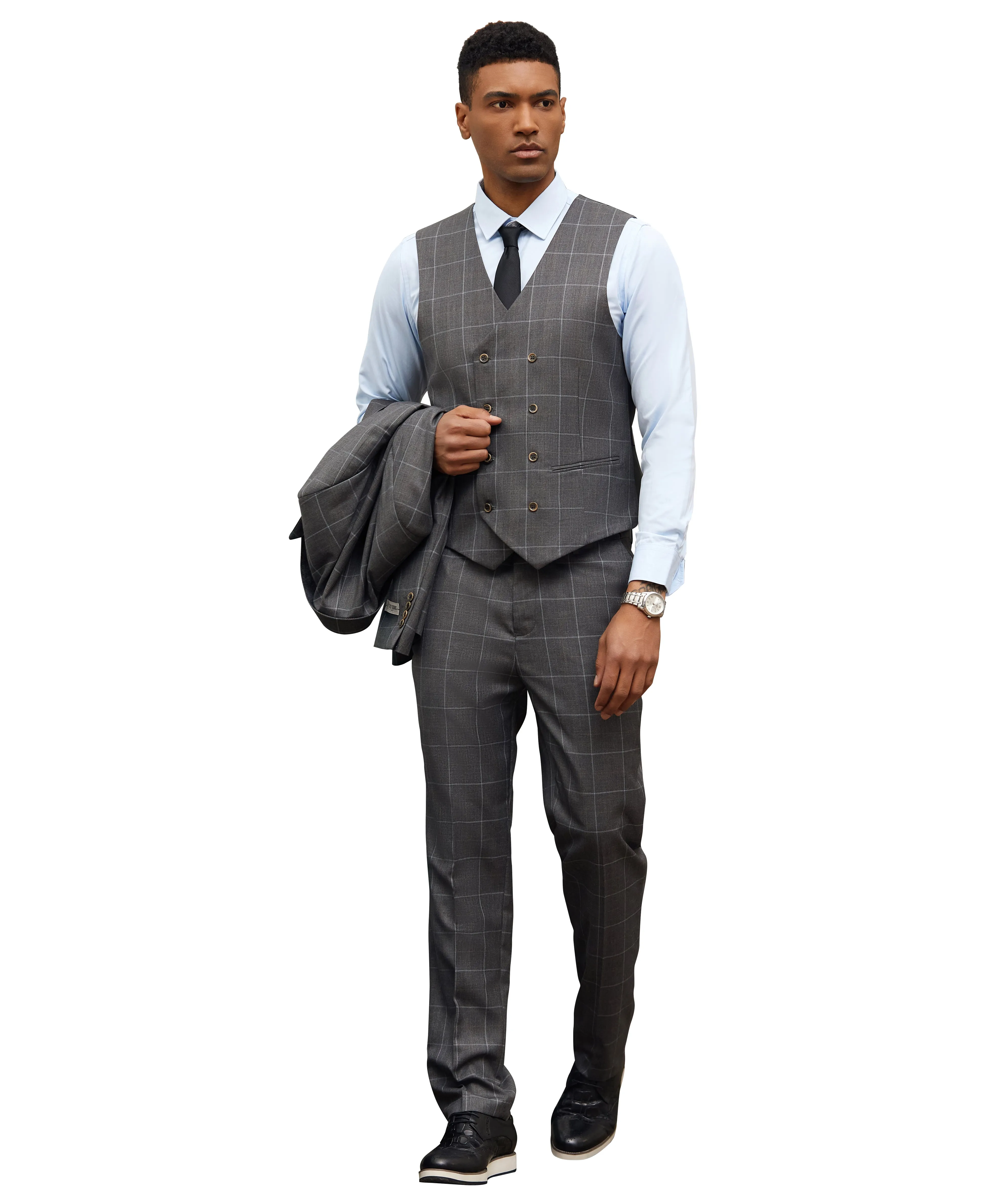 Stacy Adams Hybrid-Fit Vested Suit, Dark Grey Windowpane