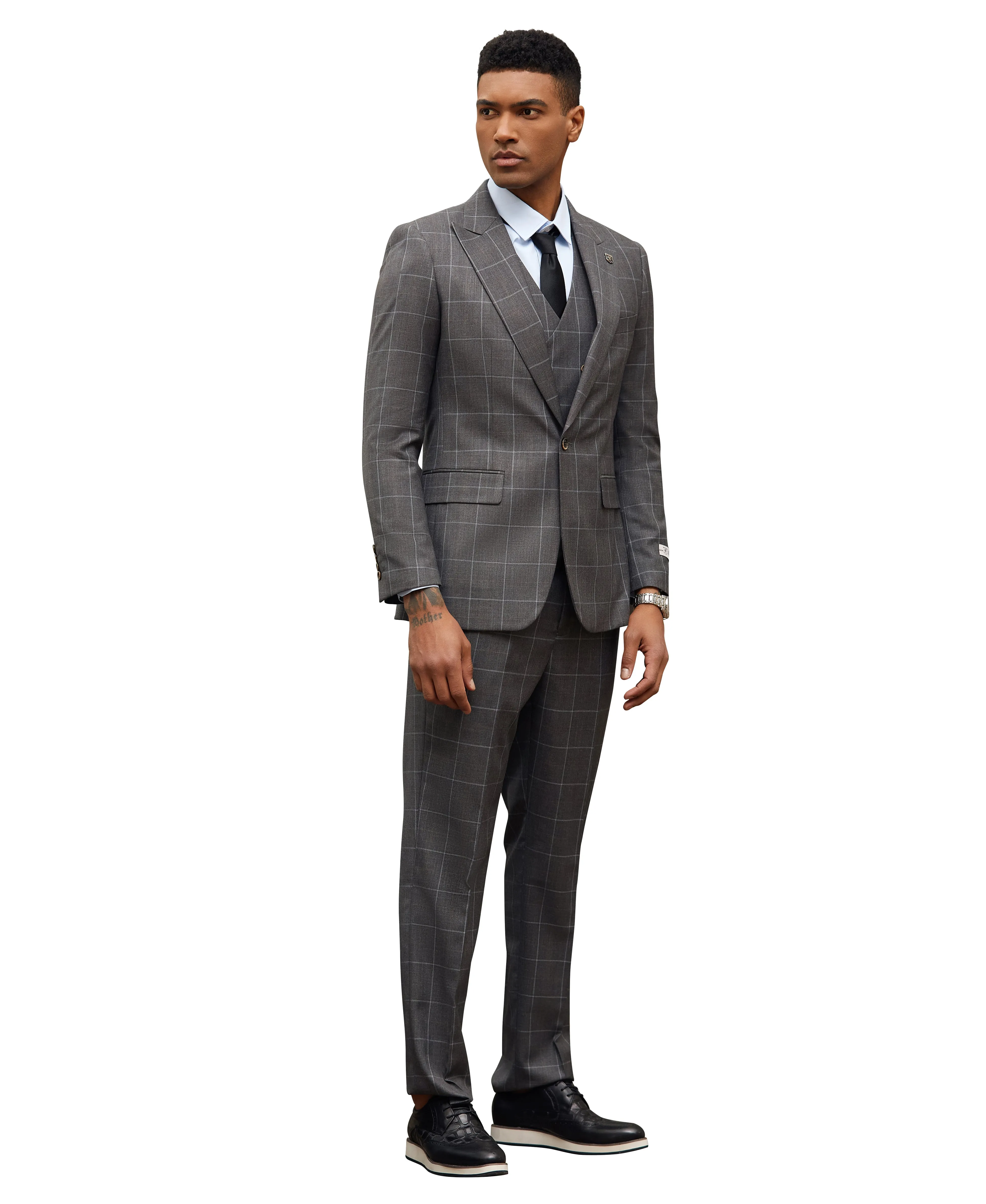 Stacy Adams Hybrid-Fit Vested Suit, Dark Grey Windowpane