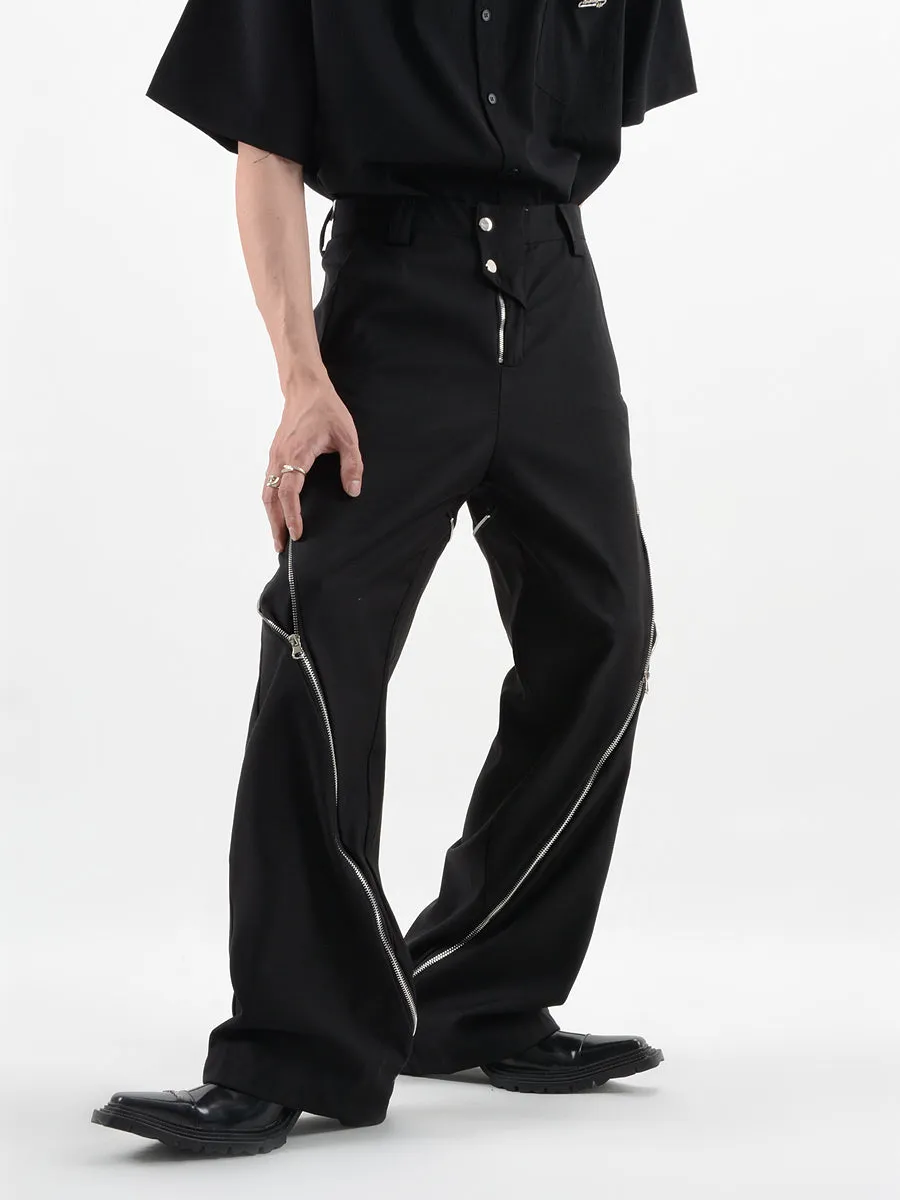 Straight Fit Diagonal Zip Up Pants