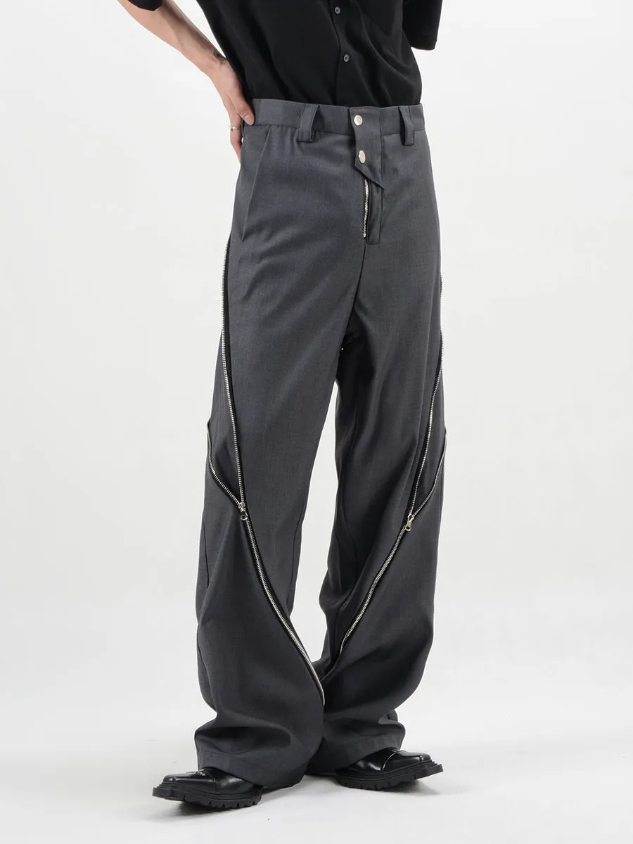 Straight Fit Diagonal Zip Up Pants