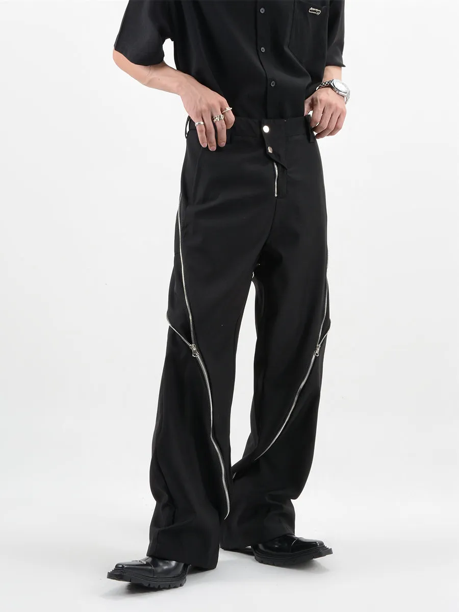 Straight Fit Diagonal Zip Up Pants