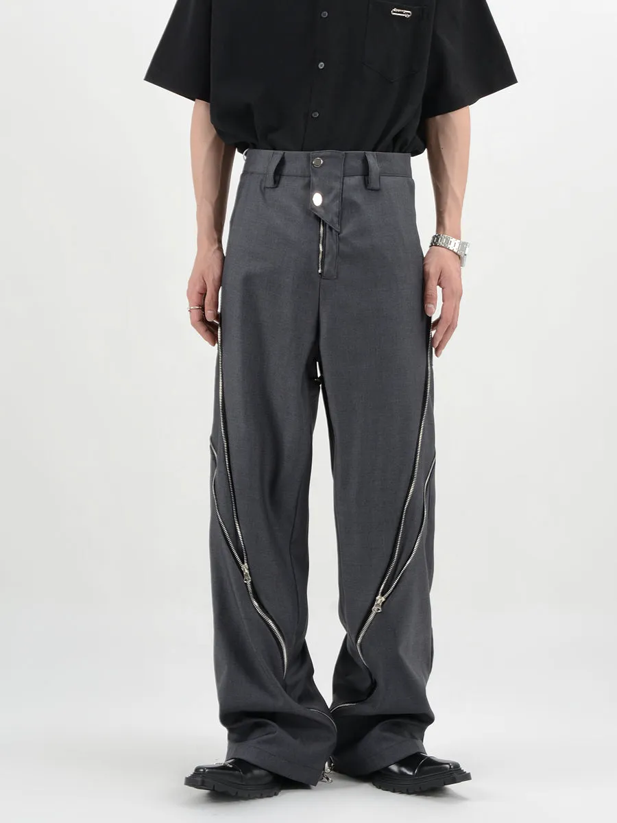 Straight Fit Diagonal Zip Up Pants