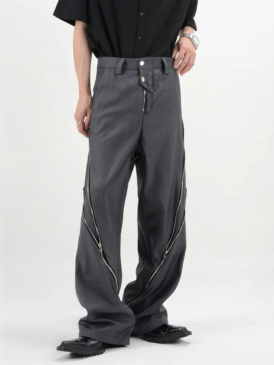 Straight Fit Diagonal Zip Up Pants