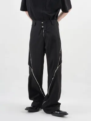 Straight Fit Diagonal Zip Up Pants